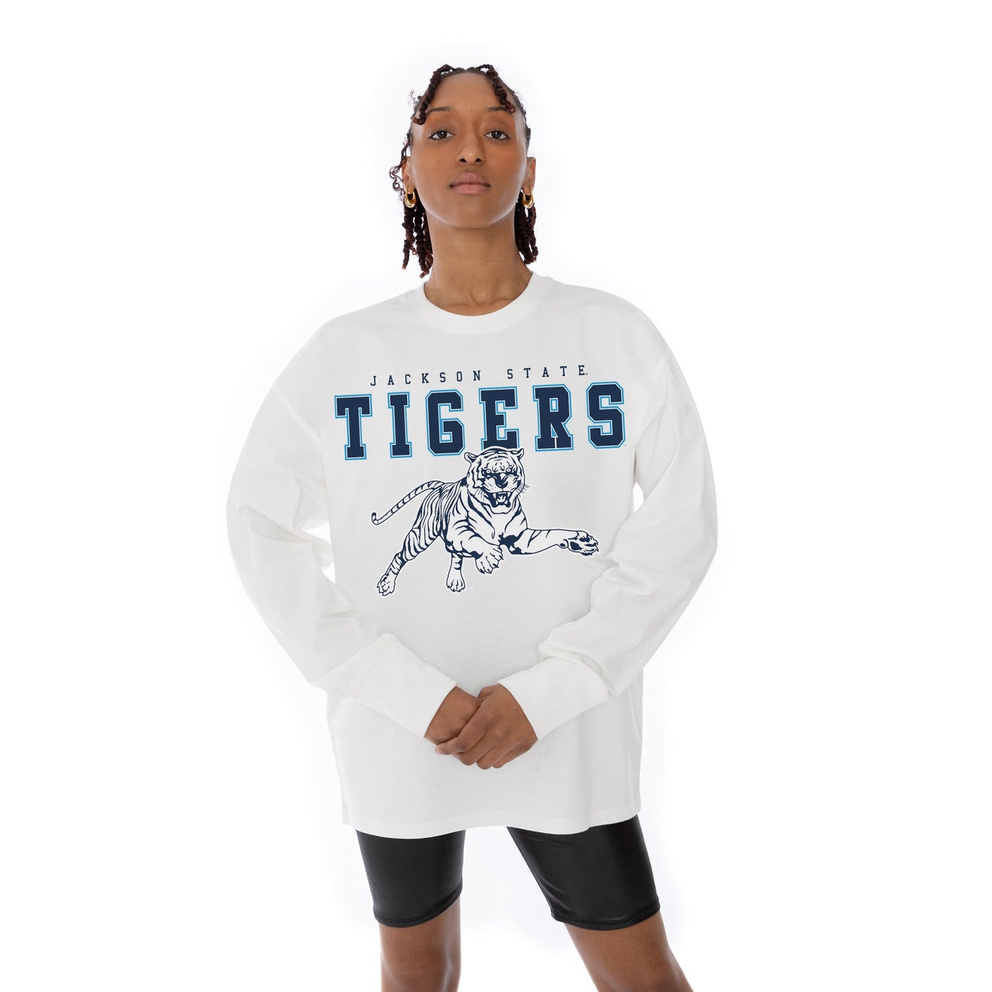 JACKSON STATE TIGERS BIG GOALS OVERSIZED MIDWEIGHT LONG SLEEVE TEE WITH RIBBED NECKLINE AND CUFFS