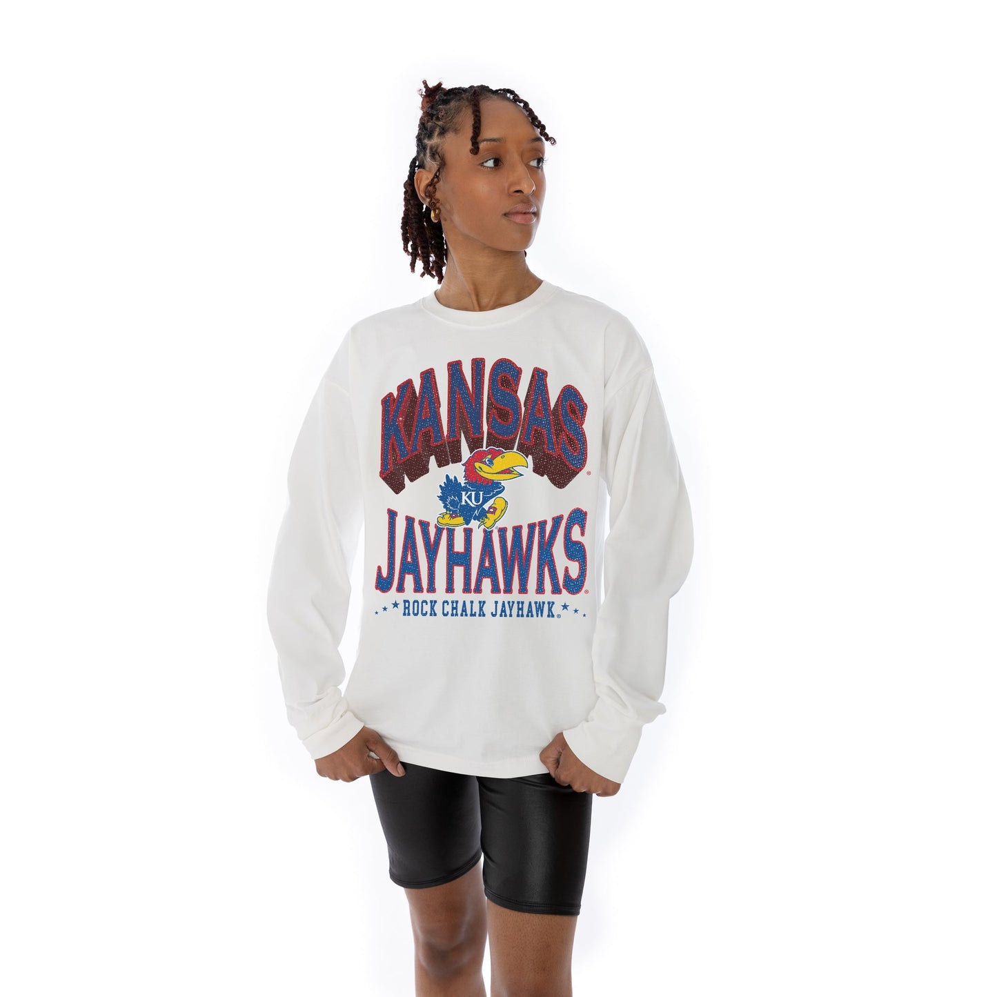 KANSAS JAYHAWKS TIME OUT OVERSIZED MIDWEIGHT LONG SLEEVE TEE WITH RIBBED NECKLINE AND CUFFS