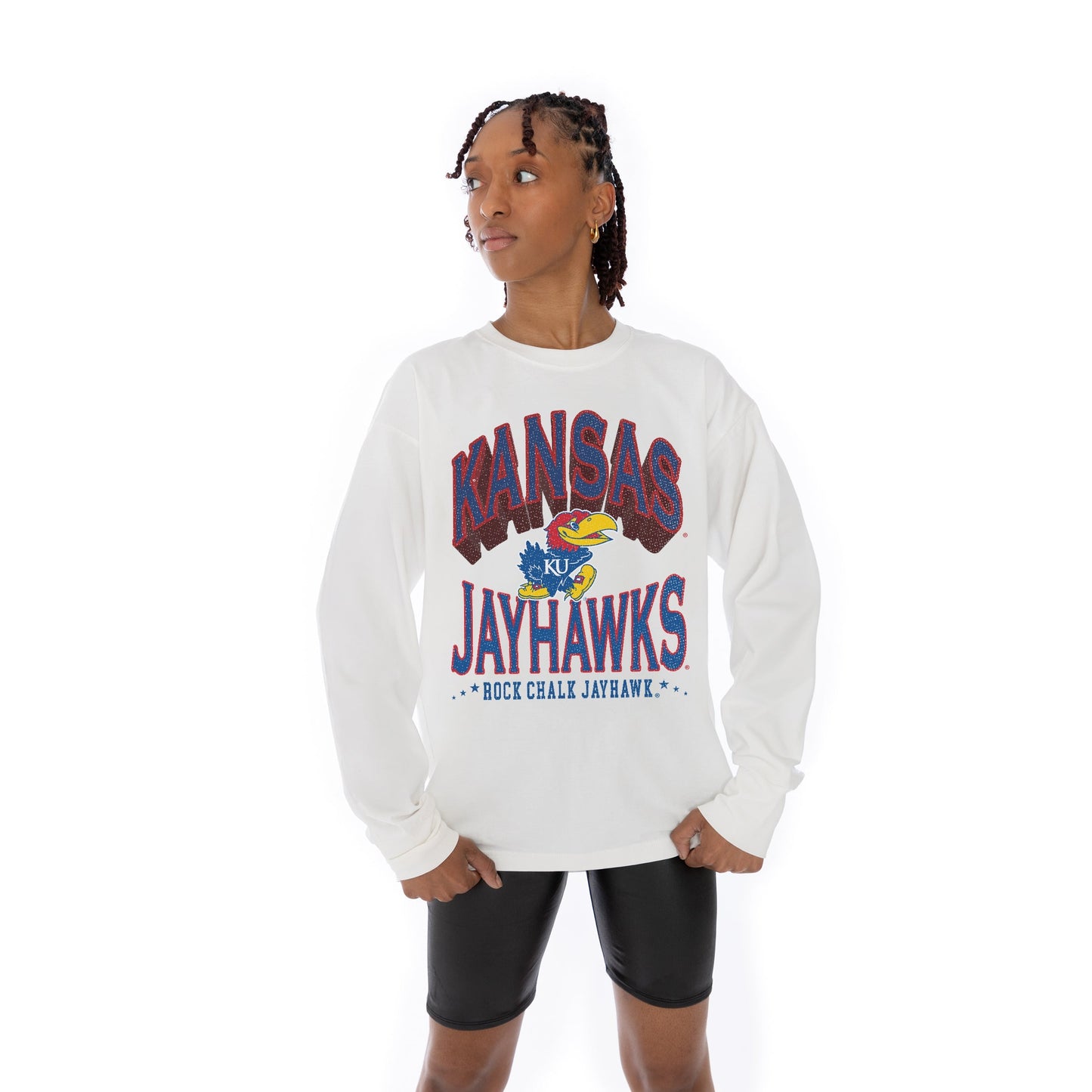 KANSAS JAYHAWKS TIME OUT OVERSIZED MIDWEIGHT LONG SLEEVE TEE WITH RIBBED NECKLINE AND CUFFS