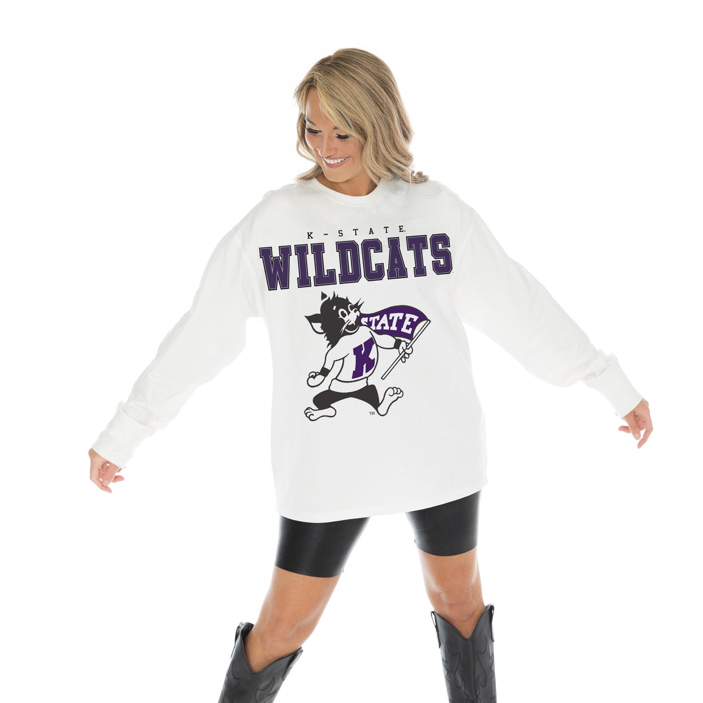 KANSAS STATE WILDCATS BIG GOALS OVERSIZED MIDWEIGHT LONG SLEEVE TEE WITH RIBBED NECKLINE AND CUFFS