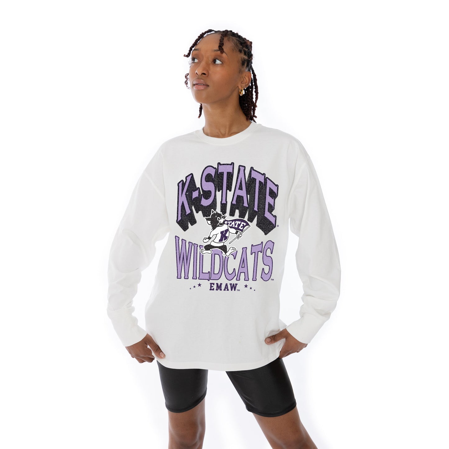 KANSAS STATE WILDCATS TIME OUT OVERSIZED MIDWEIGHT LONG SLEEVE TEE WITH RIBBED NECKLINE AND CUFFS