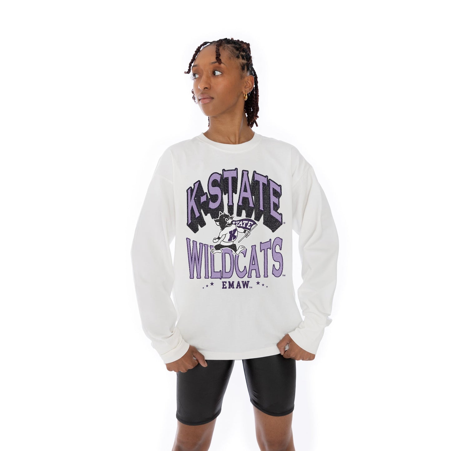 KANSAS STATE WILDCATS TIME OUT OVERSIZED MIDWEIGHT LONG SLEEVE TEE WITH RIBBED NECKLINE AND CUFFS