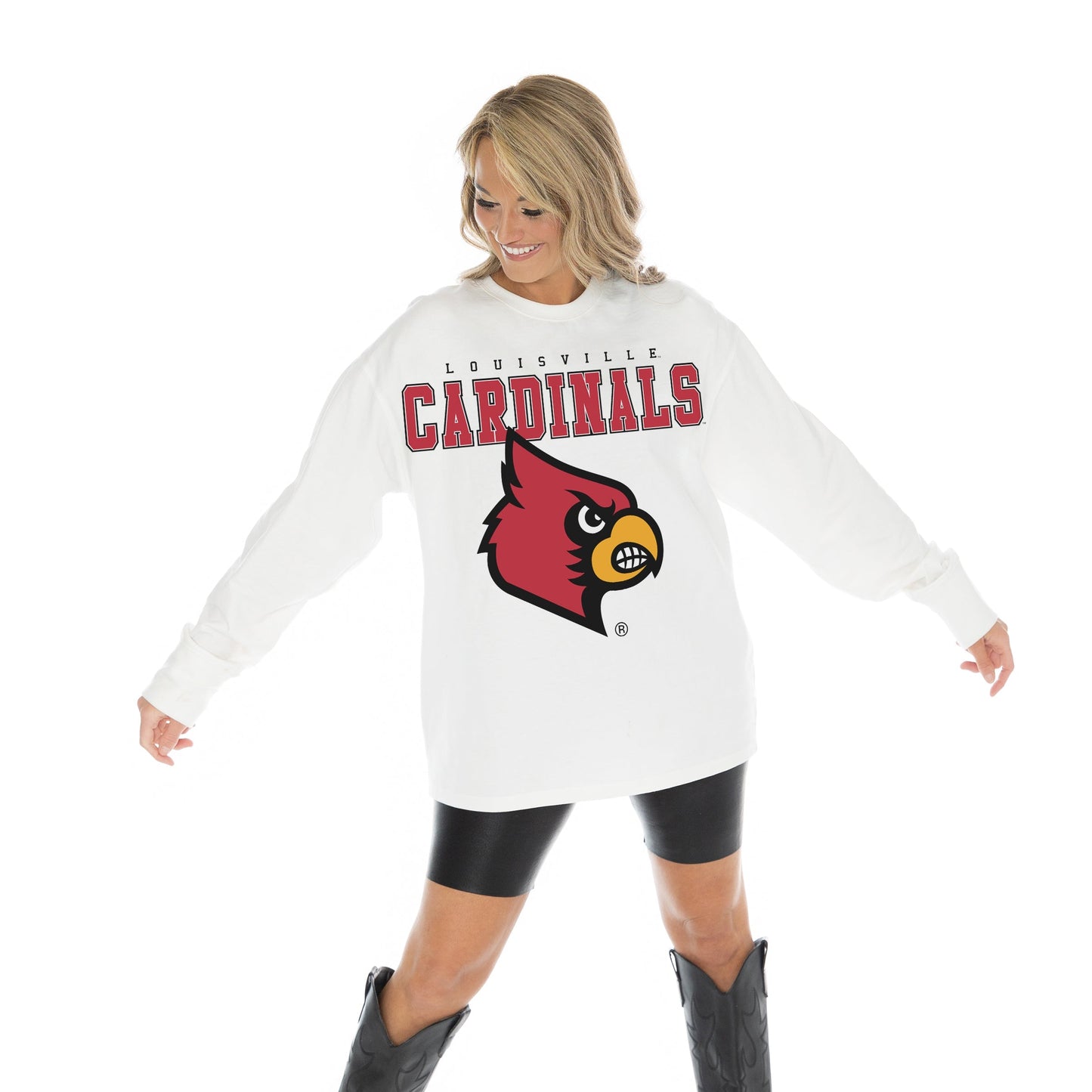 LOUISVILLE CARDINALS BIG GOALS OVERSIZED MIDWEIGHT LONG SLEEVE TEE WITH RIBBED NECKLINE AND CUFFS