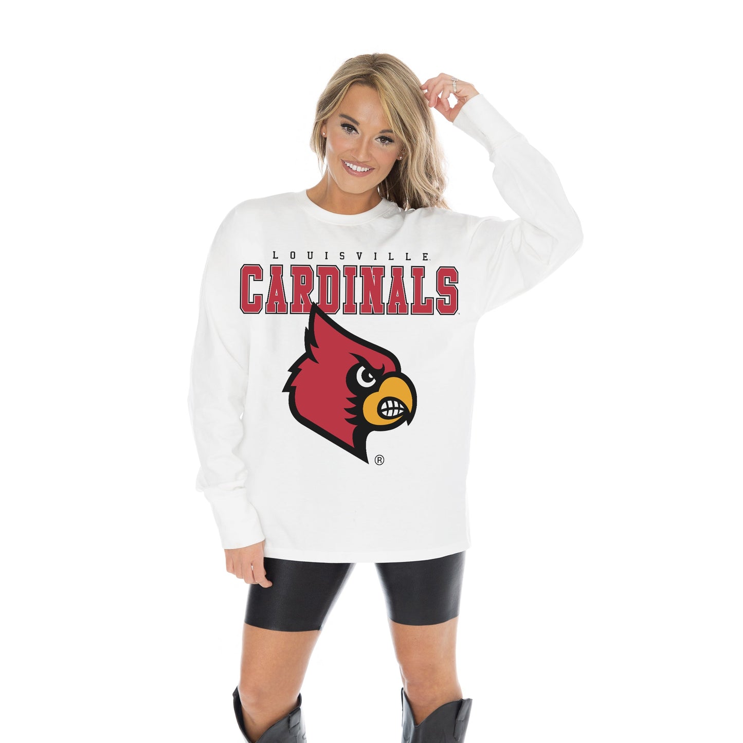 LOUISVILLE CARDINALS BIG GOALS OVERSIZED MIDWEIGHT LONG SLEEVE TEE WITH RIBBED NECKLINE AND CUFFS