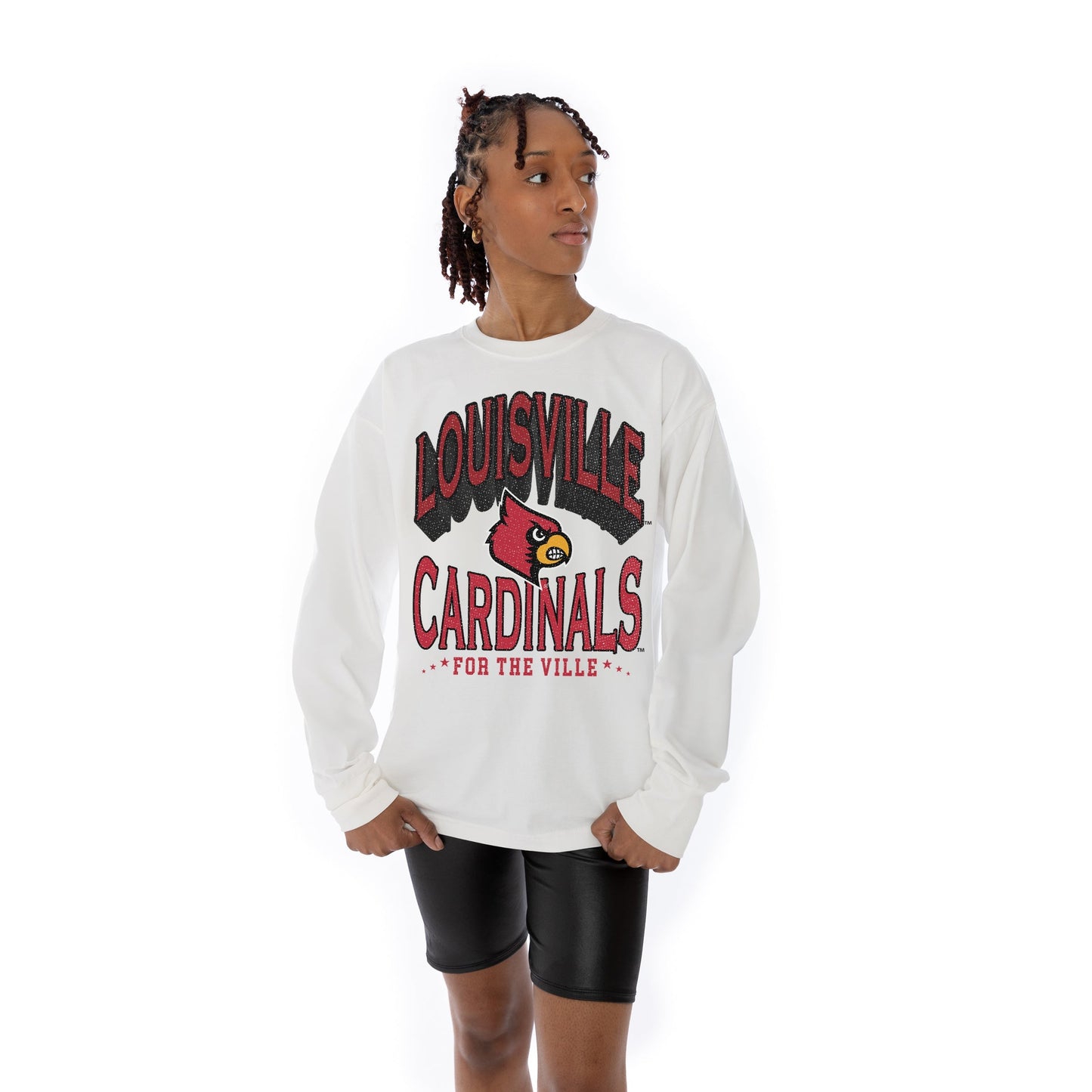 LOUISVILLE CARDINALS TIME OUT OVERSIZED MIDWEIGHT LONG SLEEVE TEE WITH RIBBED NECKLINE AND CUFFS