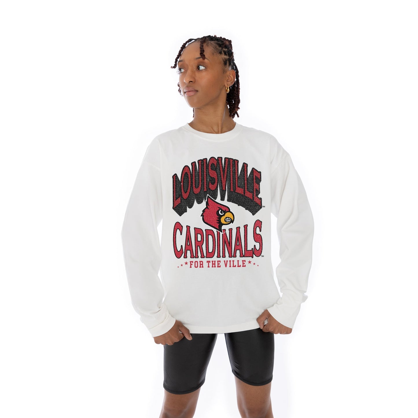 LOUISVILLE CARDINALS TIME OUT OVERSIZED MIDWEIGHT LONG SLEEVE TEE WITH RIBBED NECKLINE AND CUFFS
