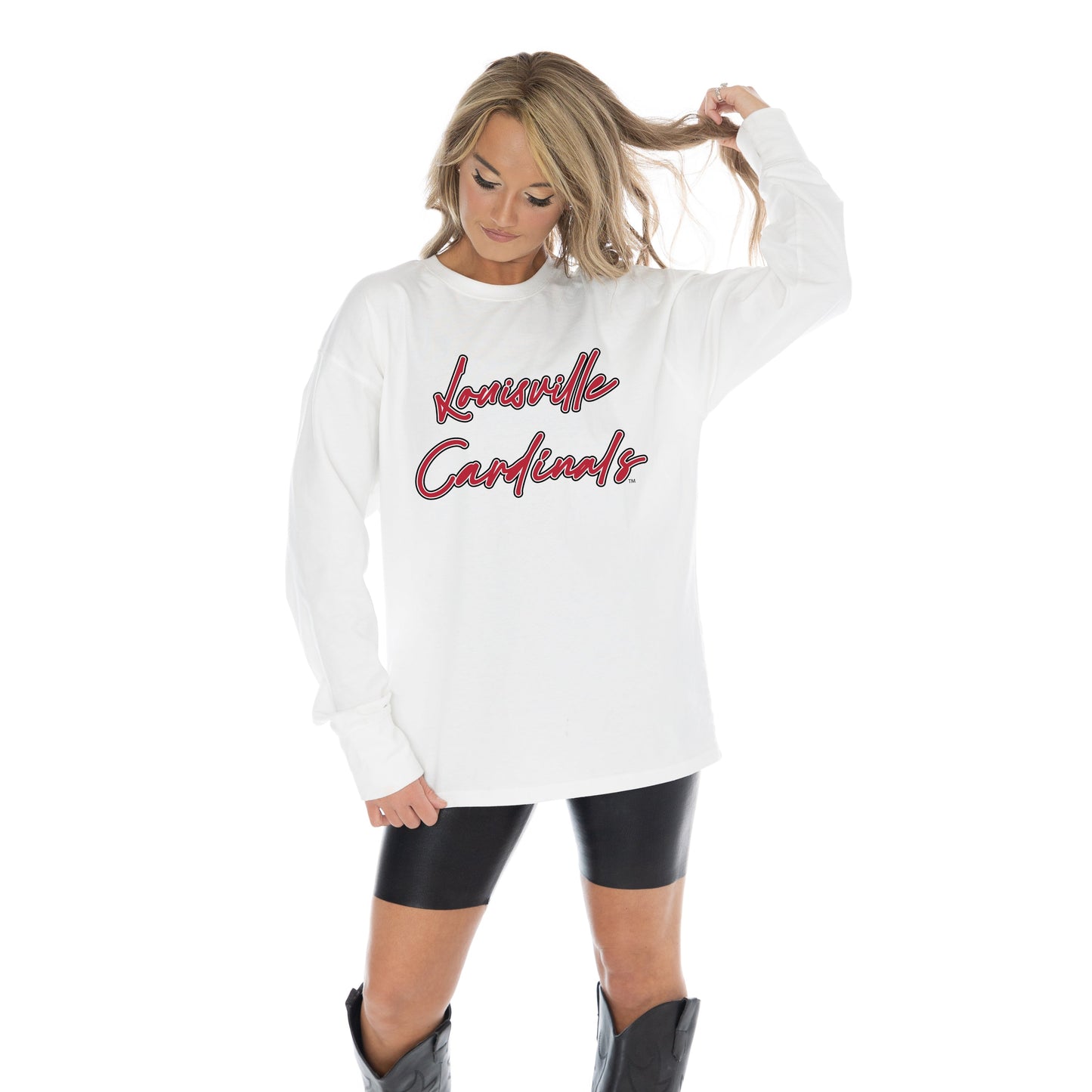 LOUISVILLE CARDINALS CLASSIC COMEBACK OVERSIZED MIDWEIGHT LONG SLEEVE TEE WITH RIBBED NECKLINE AND CUFFS