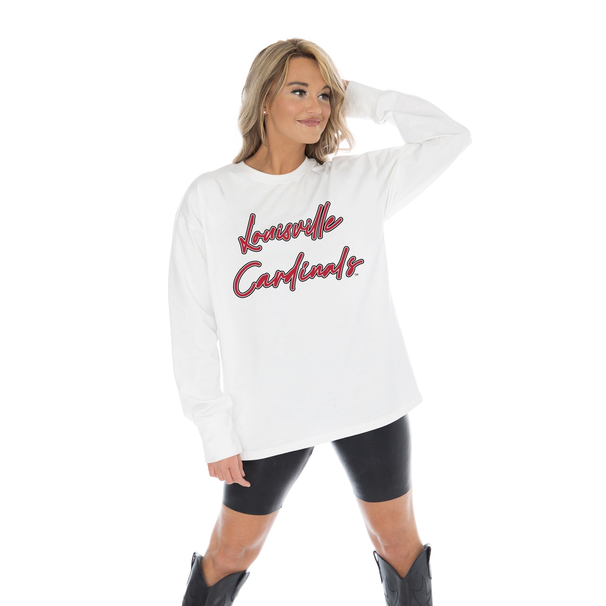 LOUISVILLE CARDINALS CLASSIC COMEBACK OVERSIZED MIDWEIGHT LONG SLEEVE TEE WITH RIBBED NECKLINE AND CUFFS