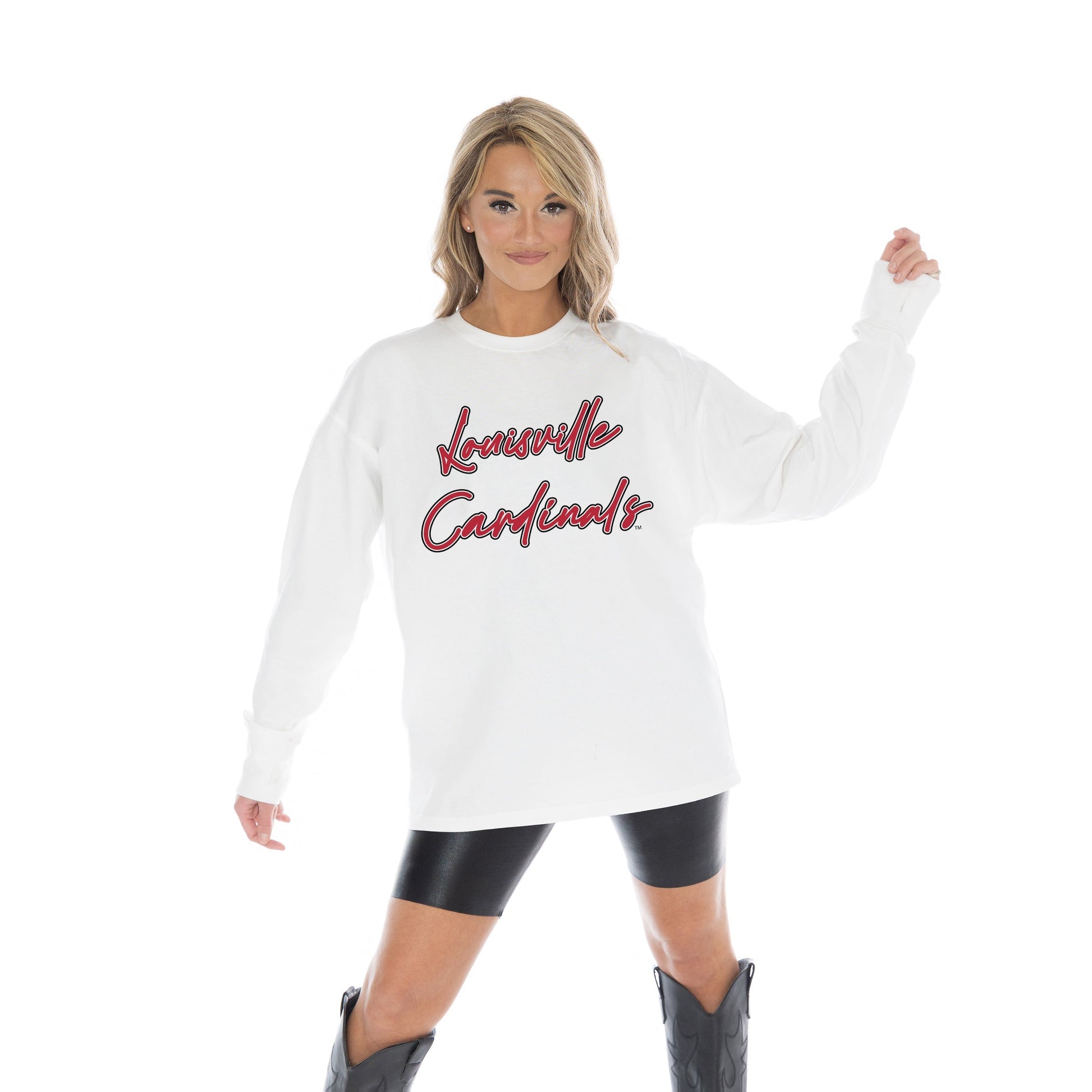 LOUISVILLE CARDINALS CLASSIC COMEBACK OVERSIZED MIDWEIGHT LONG SLEEVE TEE WITH RIBBED NECKLINE AND CUFFS