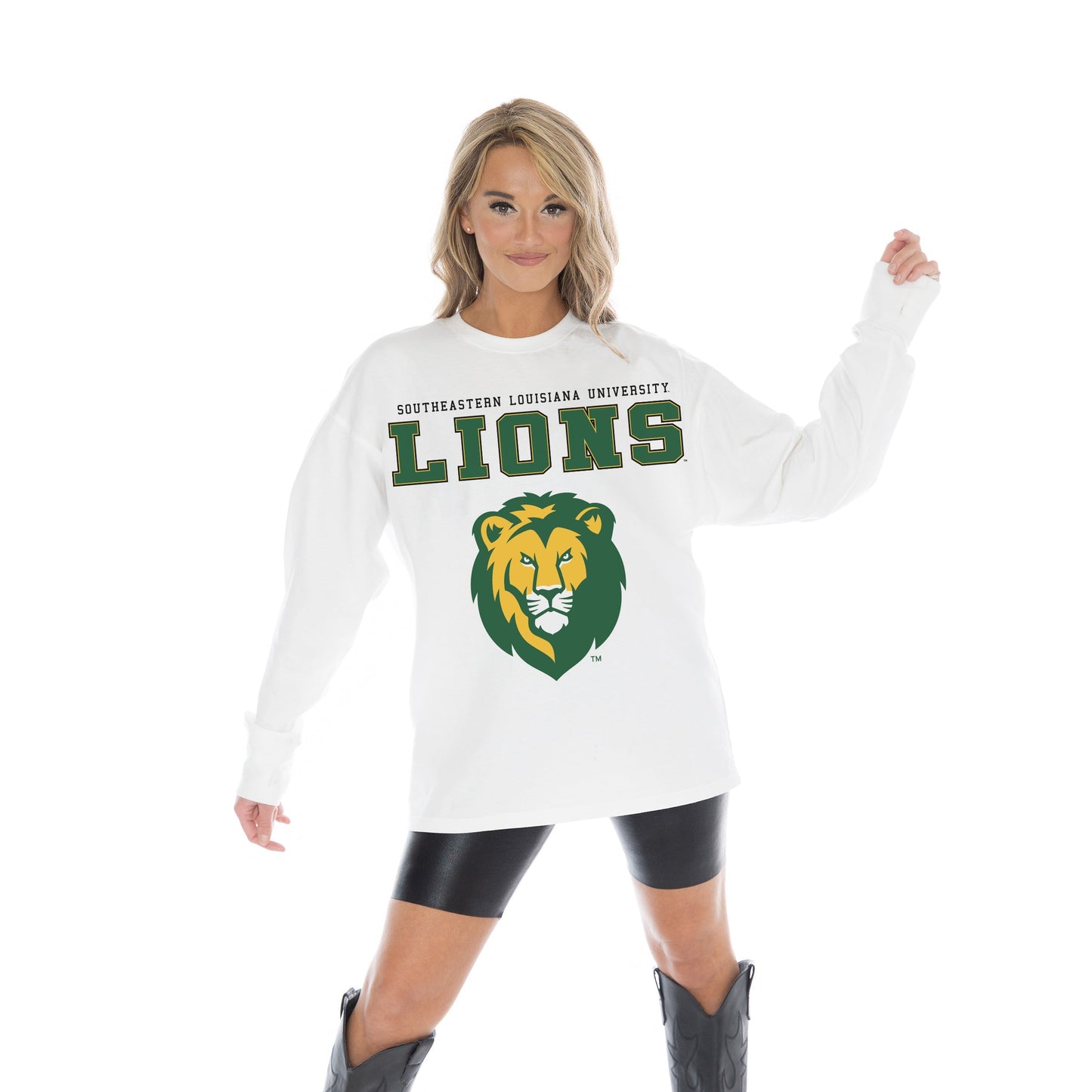 SOUTHEASTERN LOUISIANA LIONS BIG GOALS OVERSIZED MIDWEIGHT LONG SLEEVE TEE WITH RIBBED NECKLINE AND CUFFS