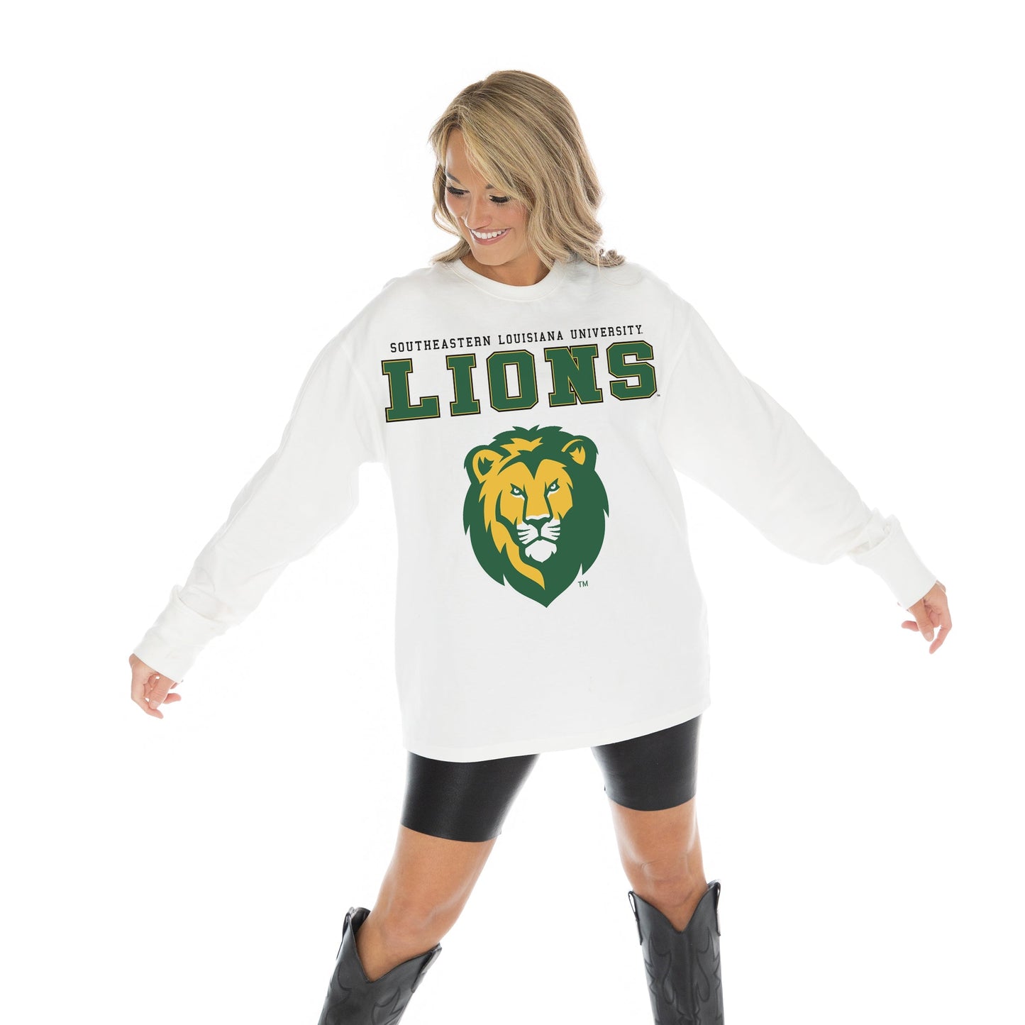 SOUTHEASTERN LOUISIANA LIONS BIG GOALS OVERSIZED MIDWEIGHT LONG SLEEVE TEE WITH RIBBED NECKLINE AND CUFFS