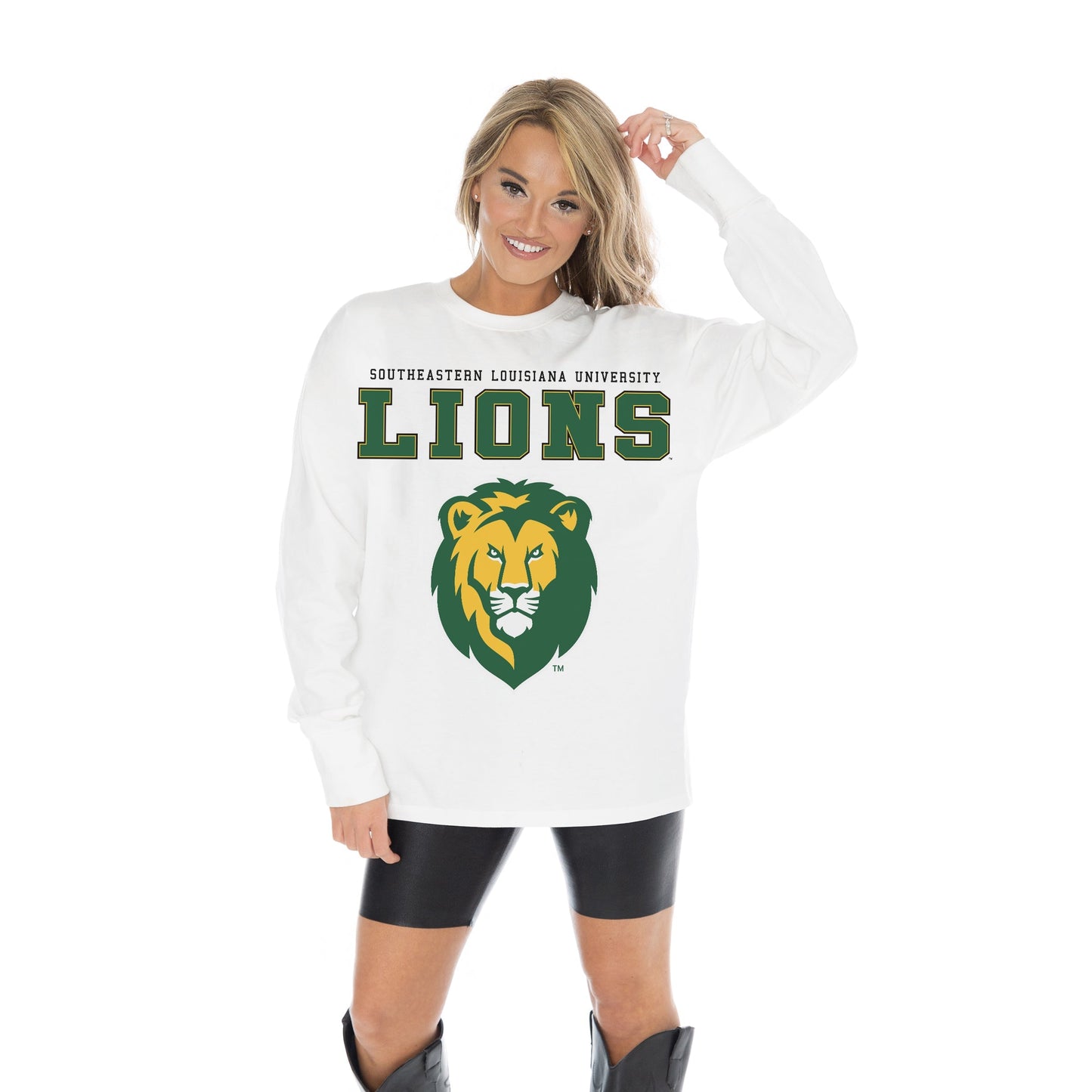 SOUTHEASTERN LOUISIANA LIONS BIG GOALS OVERSIZED MIDWEIGHT LONG SLEEVE TEE WITH RIBBED NECKLINE AND CUFFS