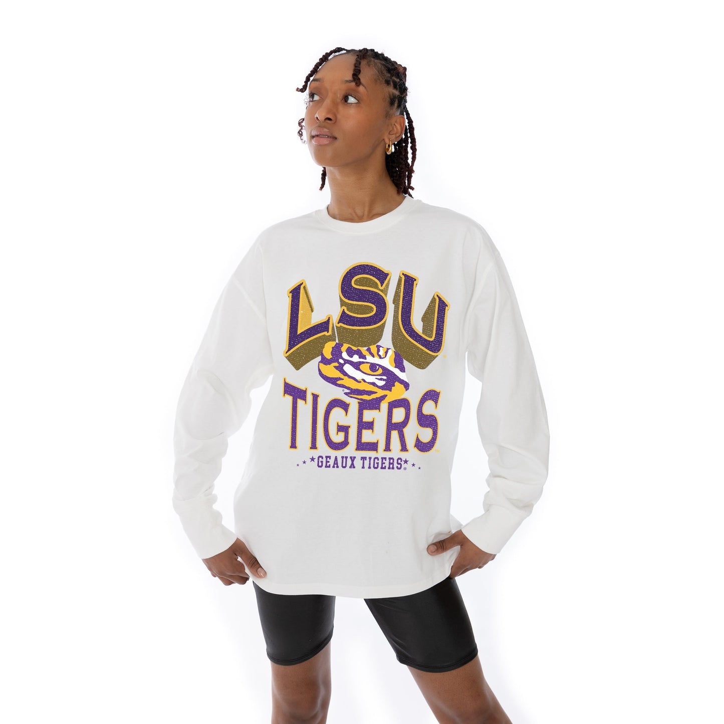 LSU TIGERS TIME OUT OVERSIZED MIDWEIGHT LONG SLEEVE TEE WITH RIBBED NECKLINE AND CUFFS