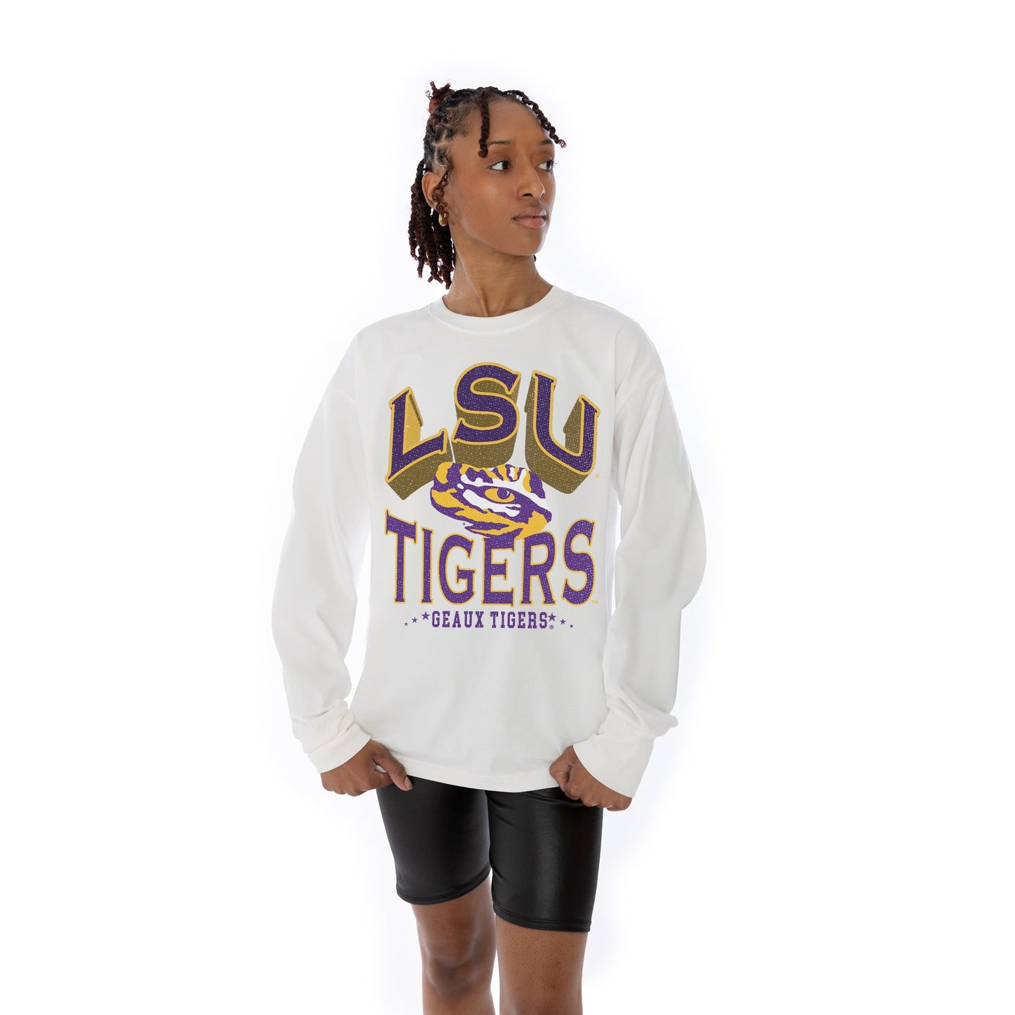 LSU TIGERS TIME OUT OVERSIZED MIDWEIGHT LONG SLEEVE TEE WITH RIBBED NECKLINE AND CUFFS