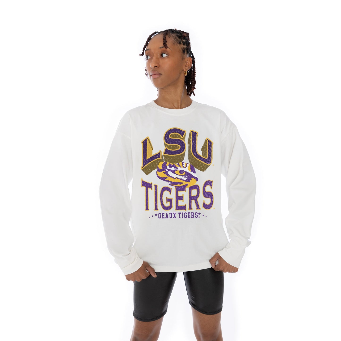 LSU TIGERS TIME OUT OVERSIZED MIDWEIGHT LONG SLEEVE TEE WITH RIBBED NECKLINE AND CUFFS