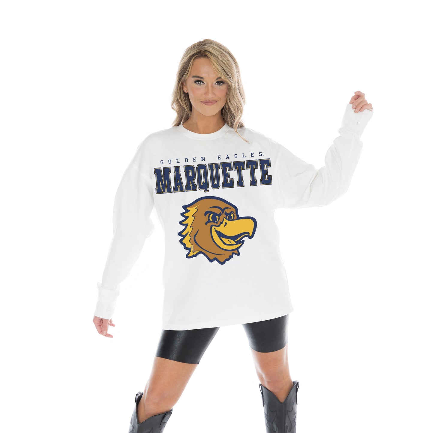MARQUETTE GOLDEN EAGLES BIG GOALS OVERSIZED MIDWEIGHT LONG SLEEVE TEE WITH RIBBED NECKLINE AND CUFFS