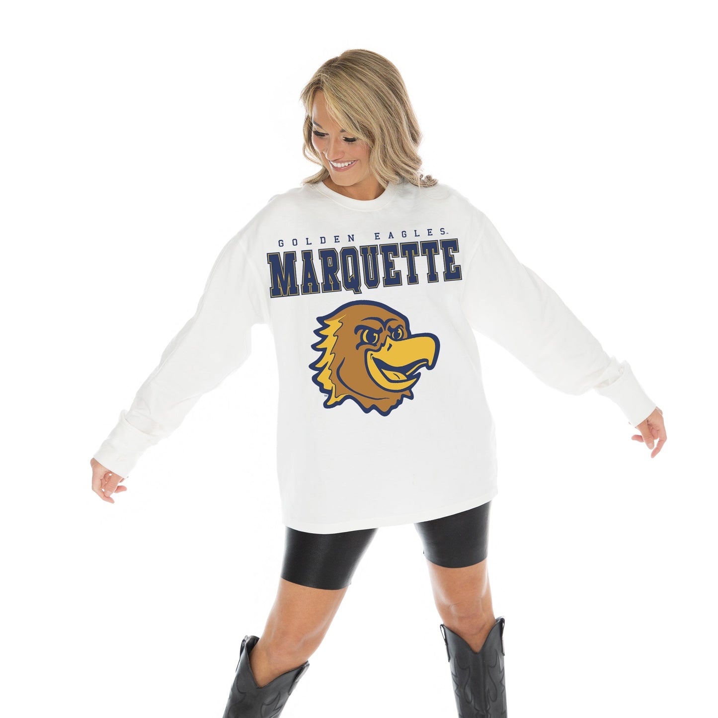 MARQUETTE GOLDEN EAGLES BIG GOALS OVERSIZED MIDWEIGHT LONG SLEEVE TEE WITH RIBBED NECKLINE AND CUFFS