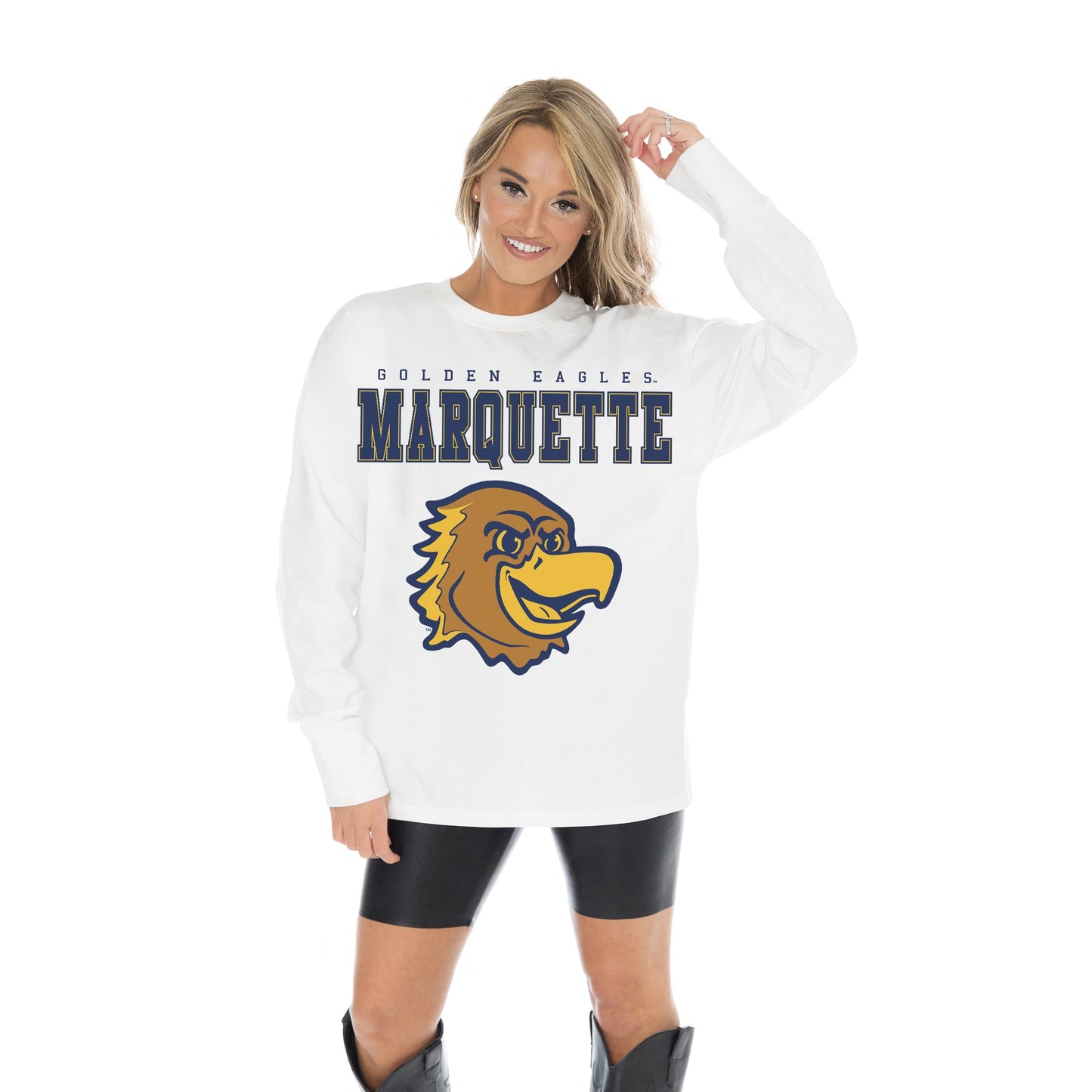 MARQUETTE GOLDEN EAGLES BIG GOALS OVERSIZED MIDWEIGHT LONG SLEEVE TEE WITH RIBBED NECKLINE AND CUFFS