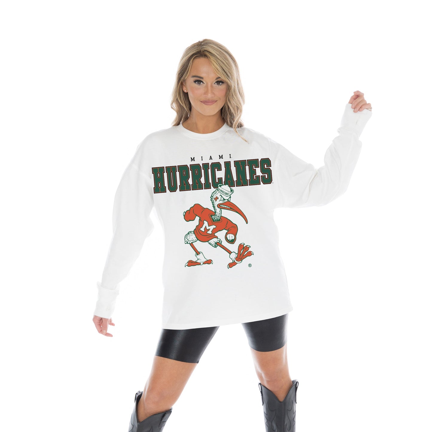 MIAMI HURRICANES BIG GOALS OVERSIZED MIDWEIGHT LONG SLEEVE TEE WITH RIBBED NECKLINE AND CUFFS
