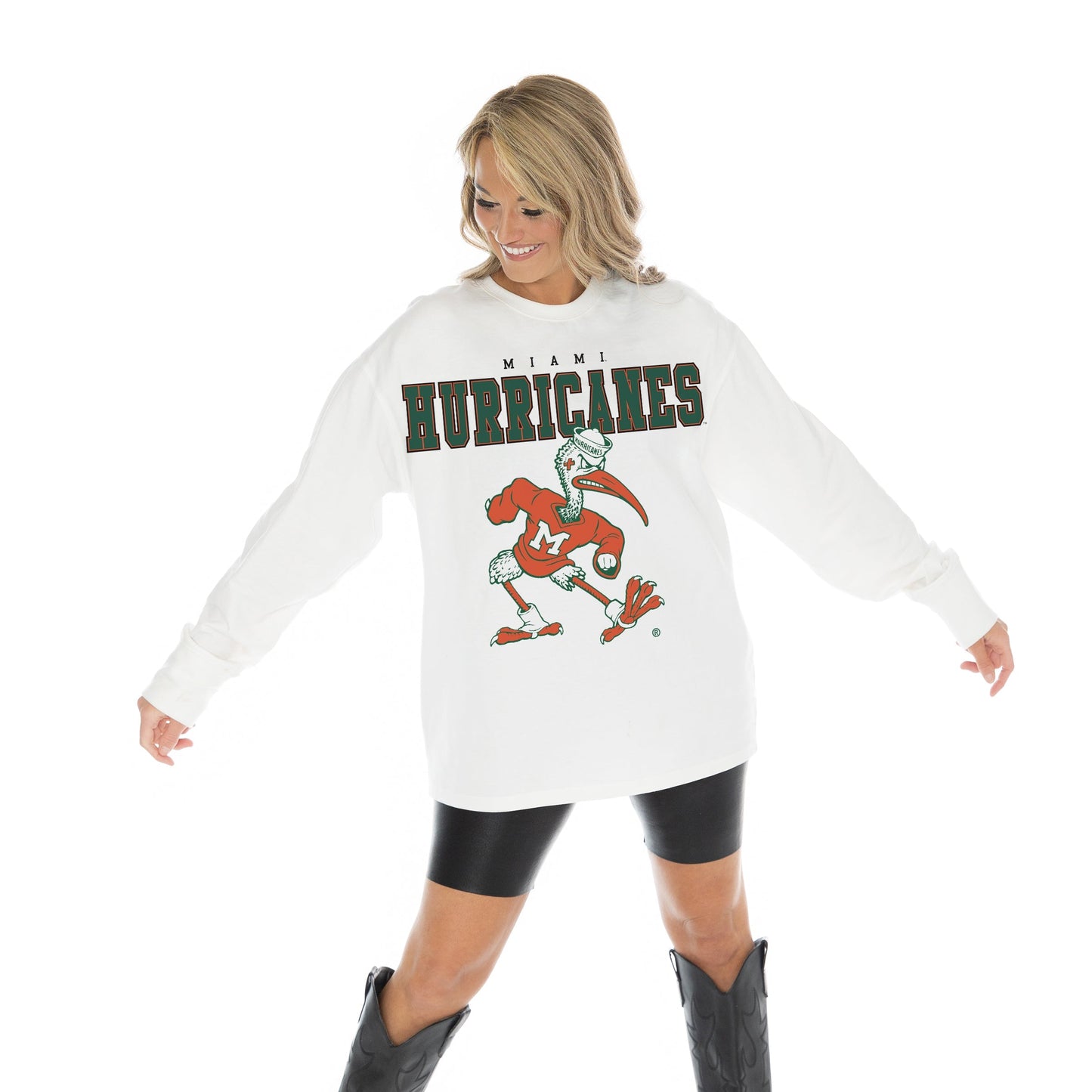 MIAMI HURRICANES BIG GOALS OVERSIZED MIDWEIGHT LONG SLEEVE TEE WITH RIBBED NECKLINE AND CUFFS
