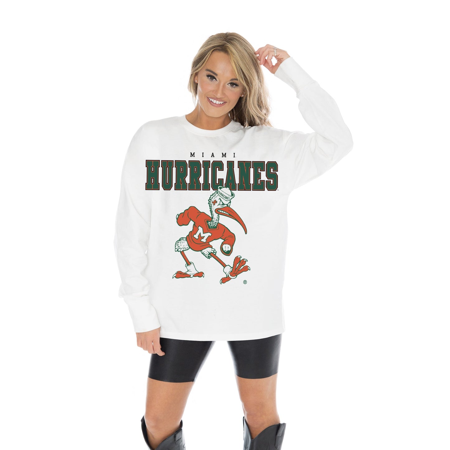 MIAMI HURRICANES BIG GOALS OVERSIZED MIDWEIGHT LONG SLEEVE TEE WITH RIBBED NECKLINE AND CUFFS