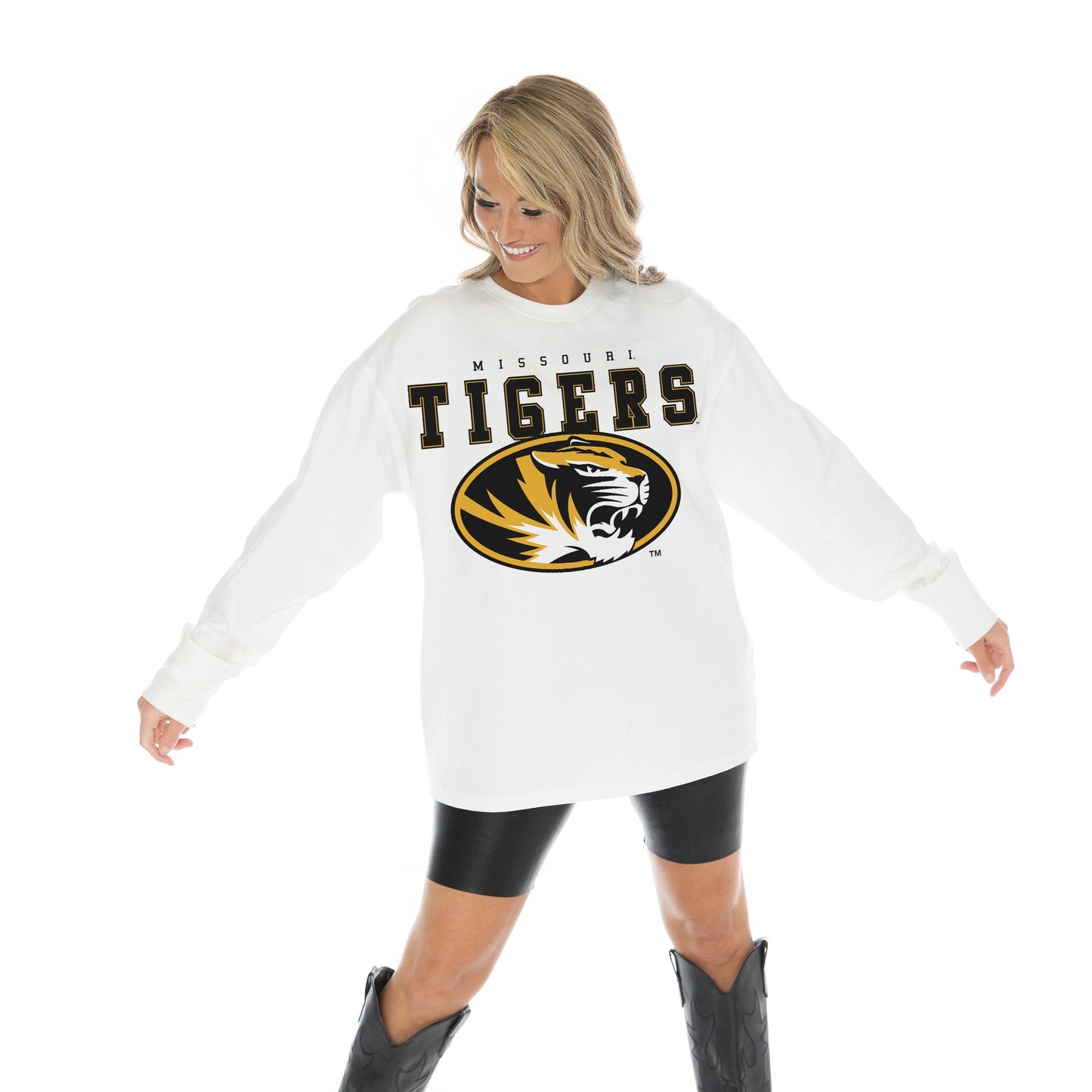 MISSOURI TIGERS BIG GOALS OVERSIZED MIDWEIGHT LONG SLEEVE TEE WITH RIBBED NECKLINE AND CUFFS