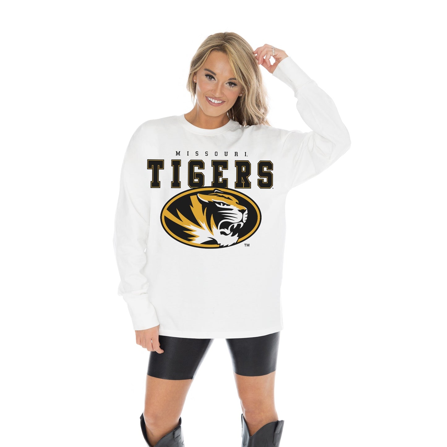 MISSOURI TIGERS BIG GOALS OVERSIZED MIDWEIGHT LONG SLEEVE TEE WITH RIBBED NECKLINE AND CUFFS