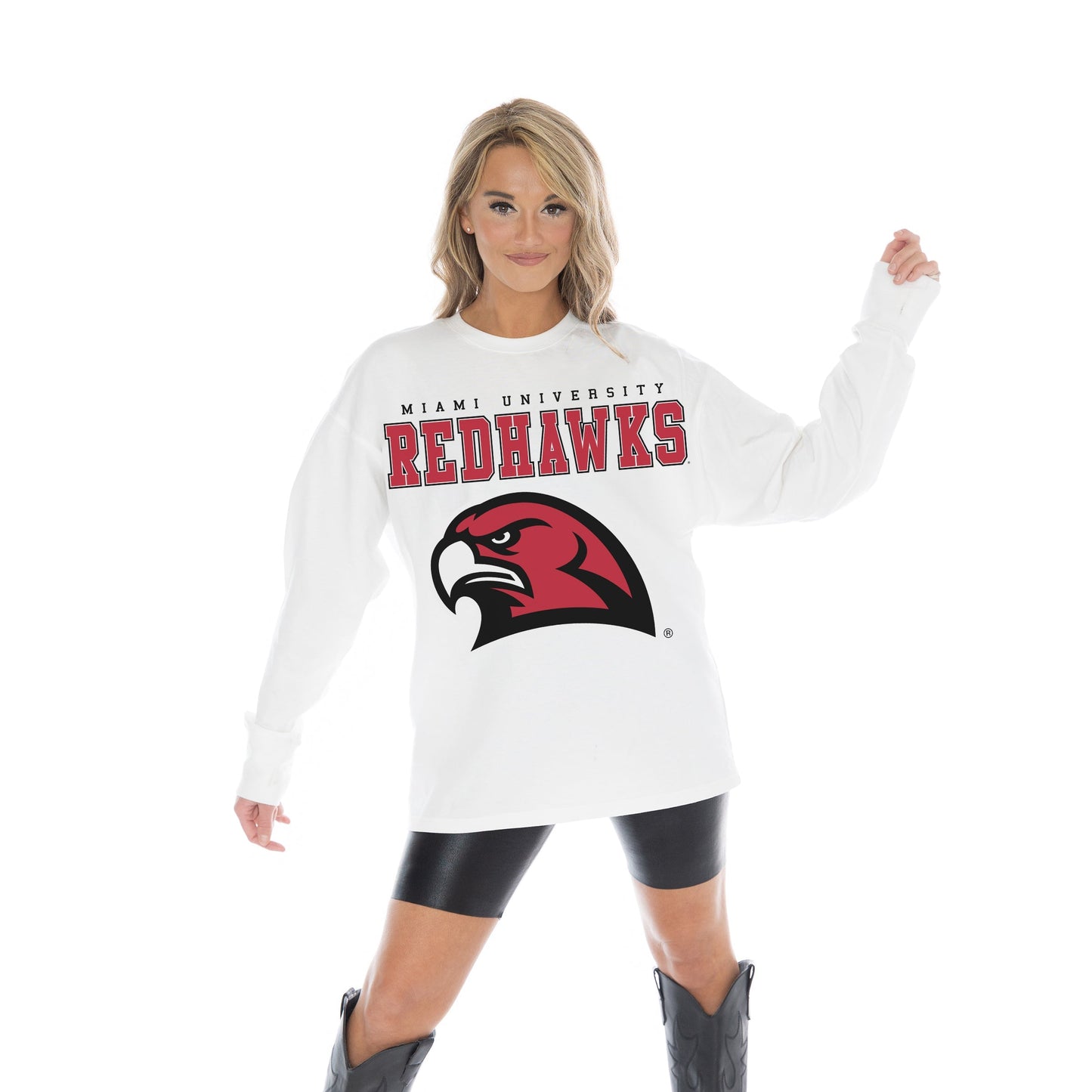 MIAMI OF OHIO REDHAWKS BIG GOALS OVERSIZED MIDWEIGHT LONG SLEEVE TEE WITH RIBBED NECKLINE AND CUFFS