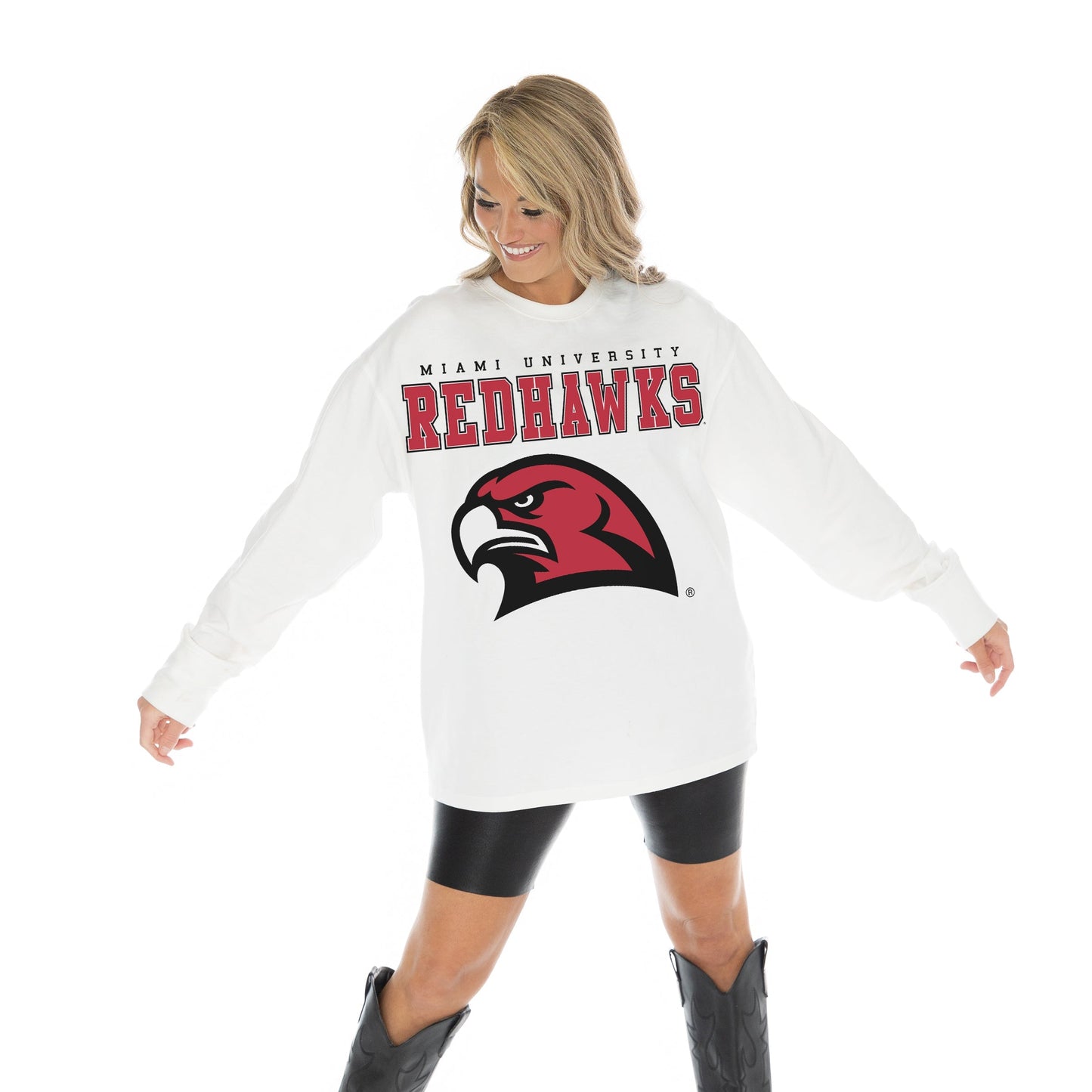MIAMI OF OHIO REDHAWKS BIG GOALS OVERSIZED MIDWEIGHT LONG SLEEVE TEE WITH RIBBED NECKLINE AND CUFFS