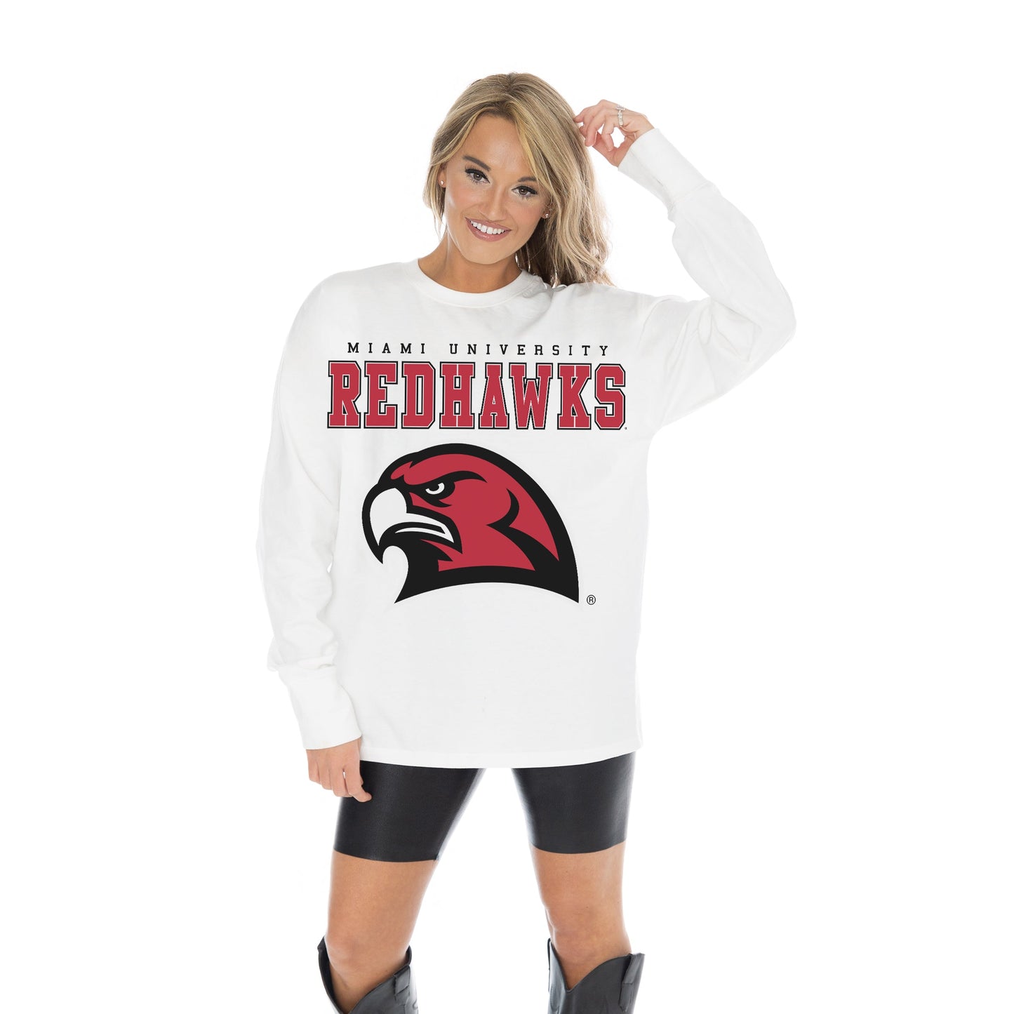 MIAMI OF OHIO REDHAWKS BIG GOALS OVERSIZED MIDWEIGHT LONG SLEEVE TEE WITH RIBBED NECKLINE AND CUFFS
