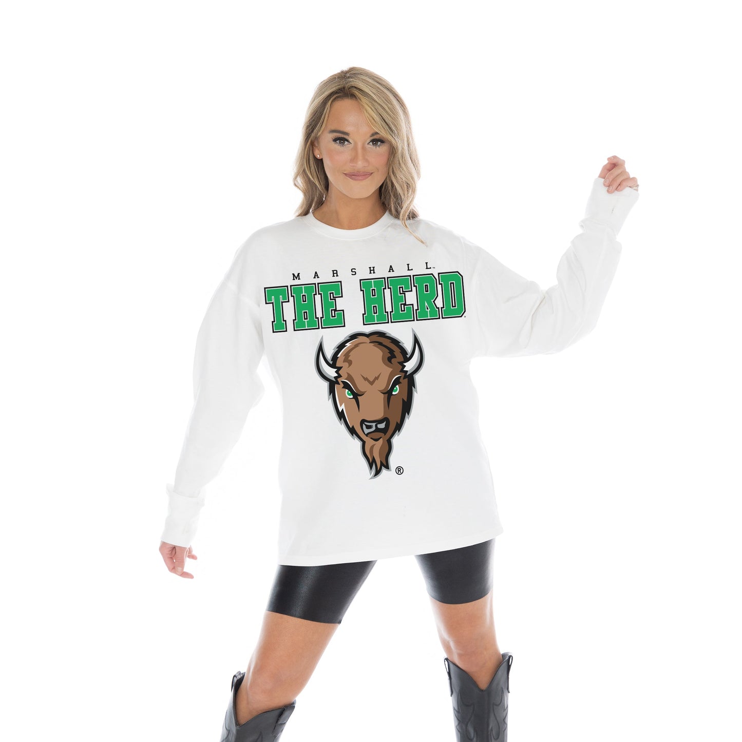 MARSHALL THUNDERING HERD BIG GOALS OVERSIZED MIDWEIGHT LONG SLEEVE TEE WITH RIBBED NECKLINE AND CUFFS