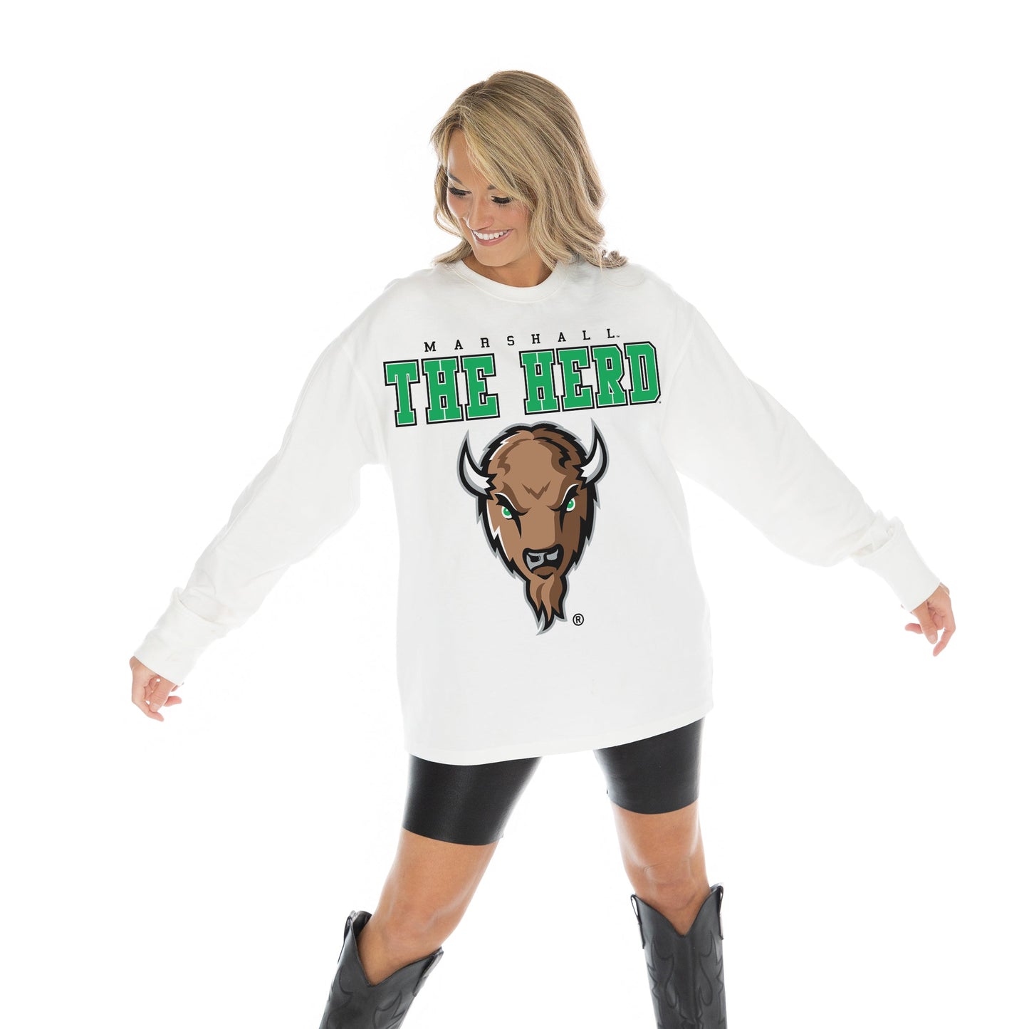 MARSHALL THUNDERING HERD BIG GOALS OVERSIZED MIDWEIGHT LONG SLEEVE TEE WITH RIBBED NECKLINE AND CUFFS