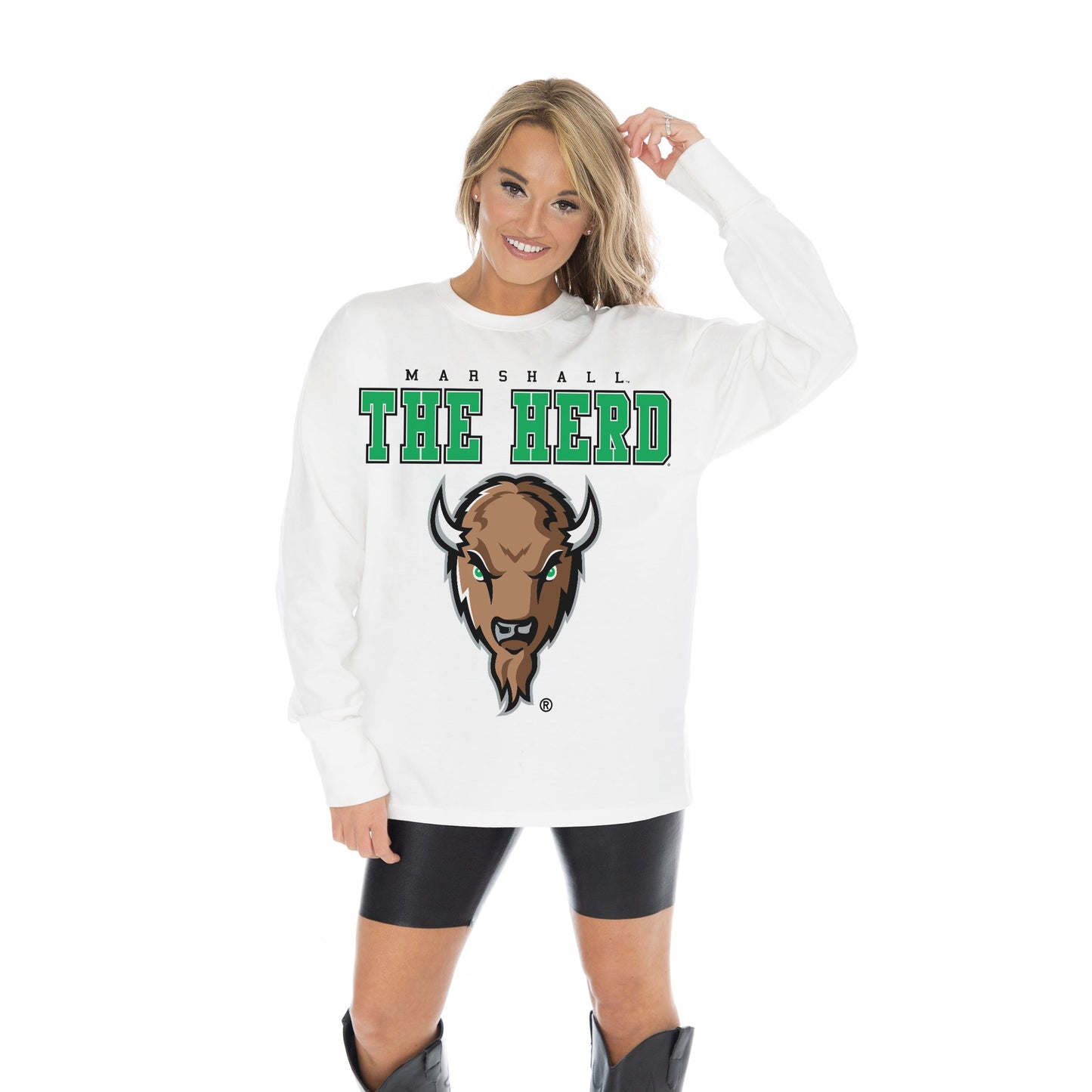MARSHALL THUNDERING HERD BIG GOALS OVERSIZED MIDWEIGHT LONG SLEEVE TEE WITH RIBBED NECKLINE AND CUFFS