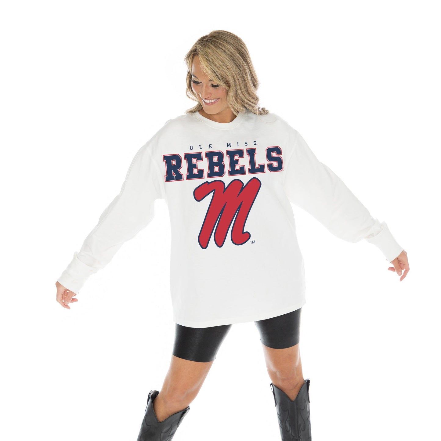 OLE MISS REBELS BIG GOALS OVERSIZED MIDWEIGHT LONG SLEEVE TEE WITH RIBBED NECKLINE AND CUFFS