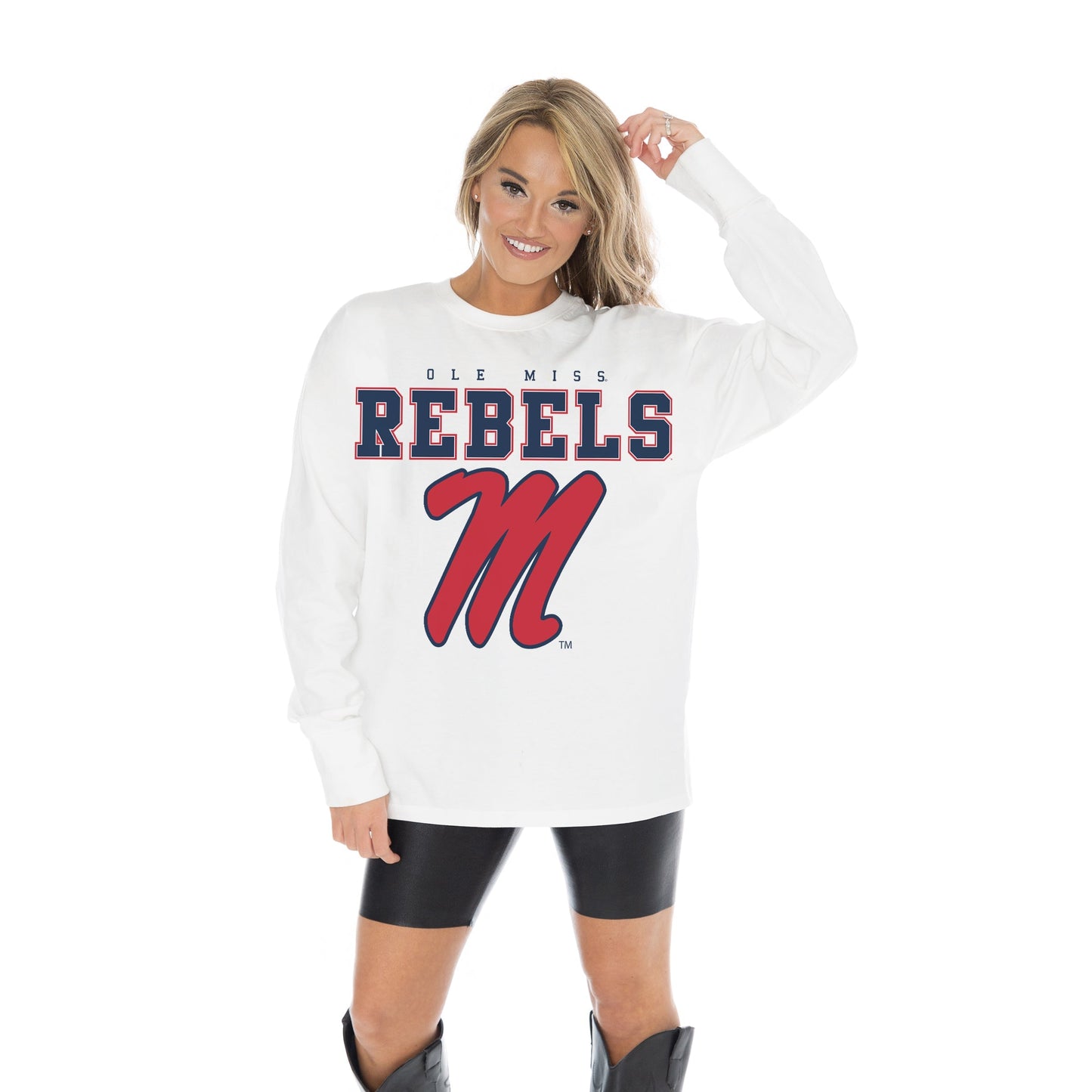 OLE MISS REBELS BIG GOALS OVERSIZED MIDWEIGHT LONG SLEEVE TEE WITH RIBBED NECKLINE AND CUFFS