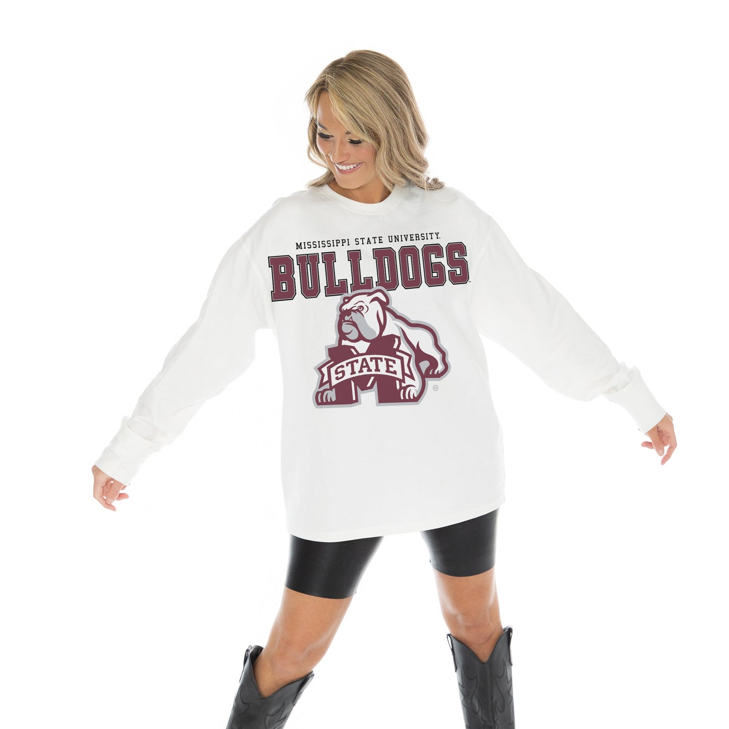 MISSISSIPPI STATE BULLDOGS BIG GOALS OVERSIZED MIDWEIGHT LONG SLEEVE TEE WITH RIBBED NECKLINE AND CUFFS