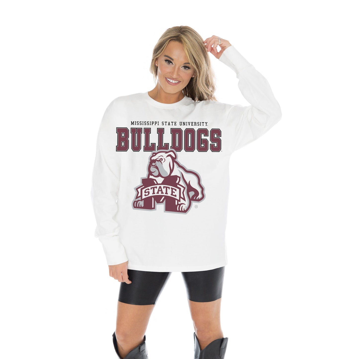 MISSISSIPPI STATE BULLDOGS BIG GOALS OVERSIZED MIDWEIGHT LONG SLEEVE TEE WITH RIBBED NECKLINE AND CUFFS