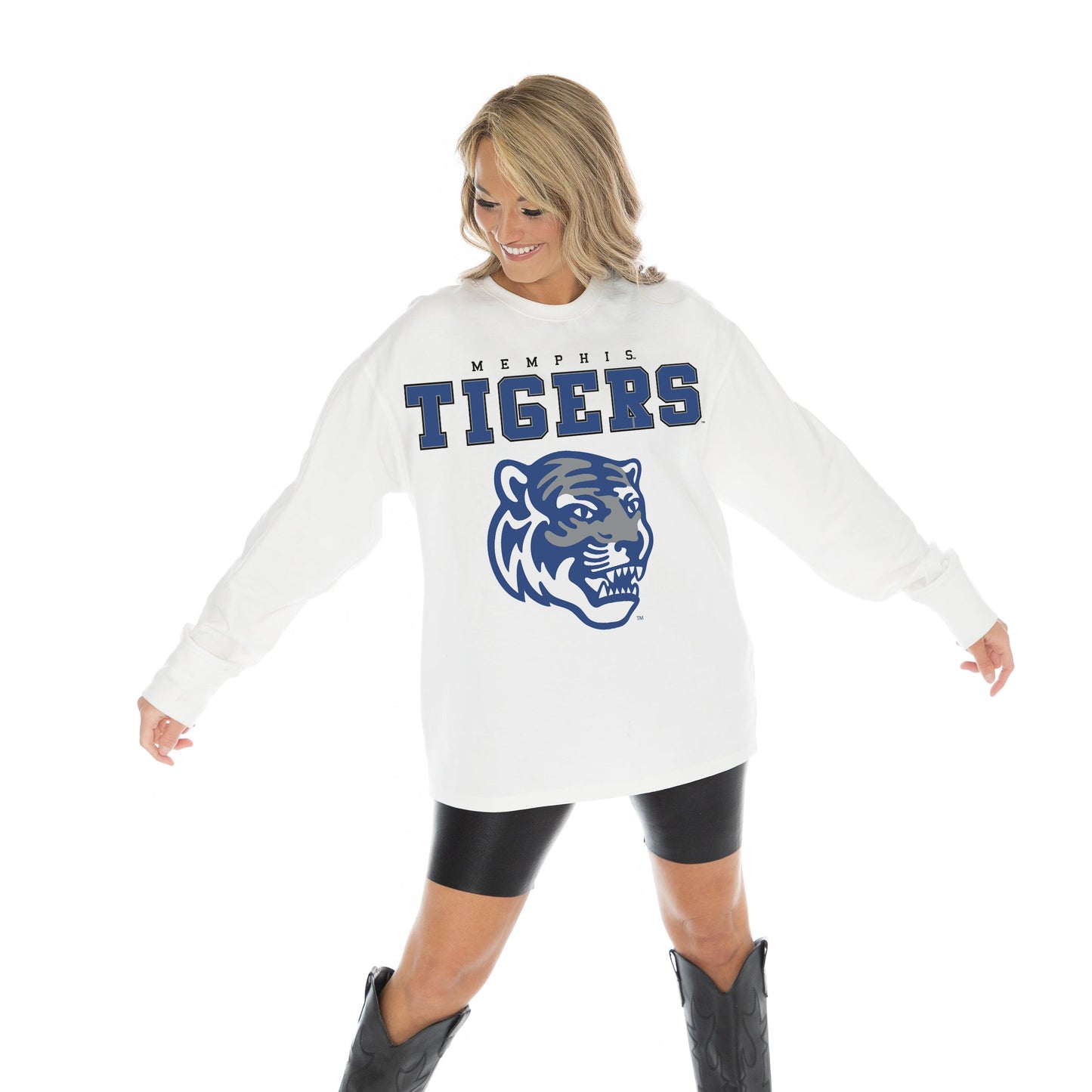 MEMPHIS TIGERS BIG GOALS OVERSIZED MIDWEIGHT LONG SLEEVE TEE WITH RIBBED NECKLINE AND CUFFS
