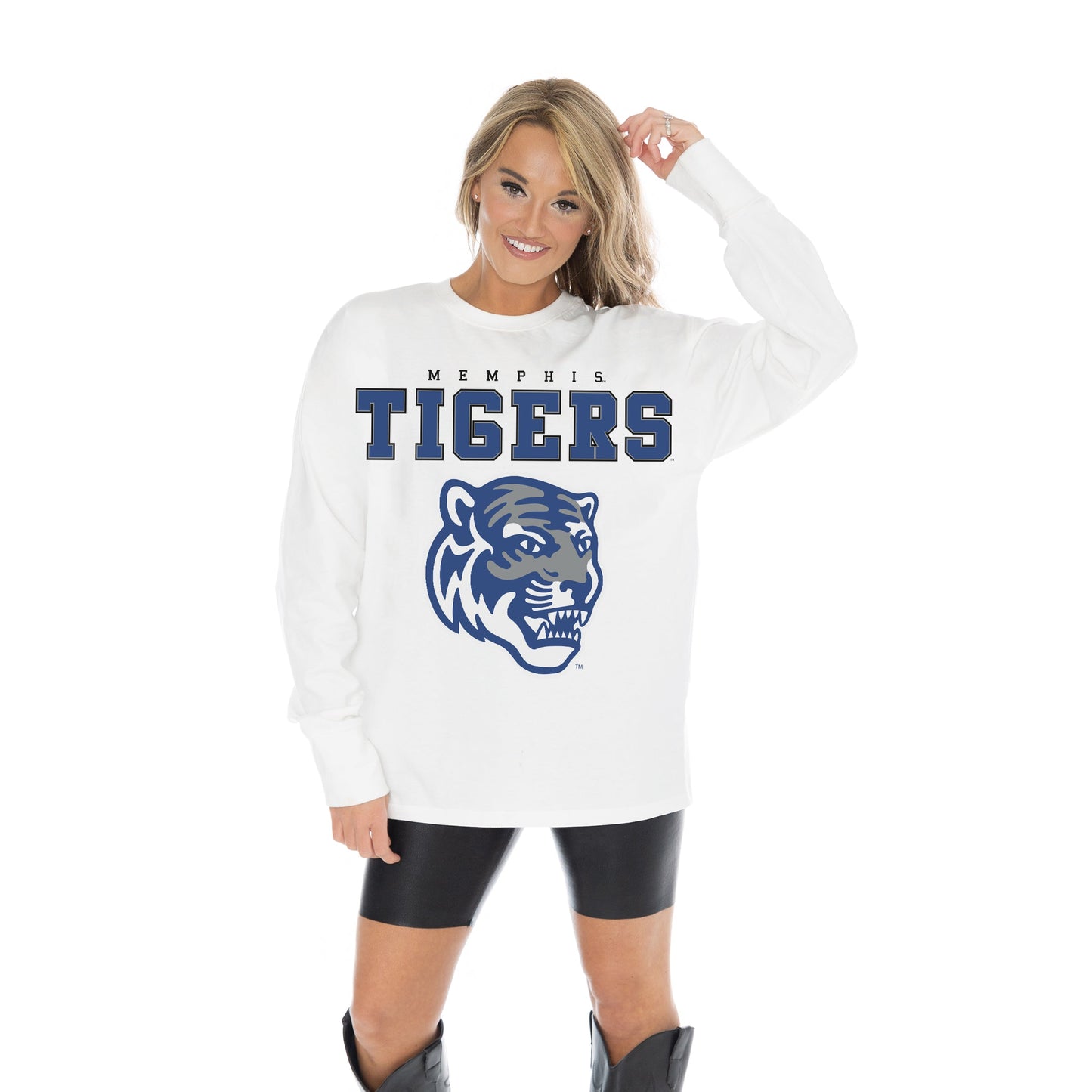 MEMPHIS TIGERS BIG GOALS OVERSIZED MIDWEIGHT LONG SLEEVE TEE WITH RIBBED NECKLINE AND CUFFS