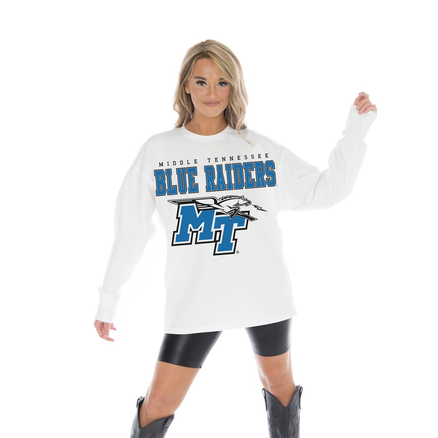 MIDDLE TENNESSEE STATE BLUE RAIDERS BIG GOALS OVERSIZED MIDWEIGHT LONG SLEEVE TEE WITH RIBBED NECKLINE AND CUFFS