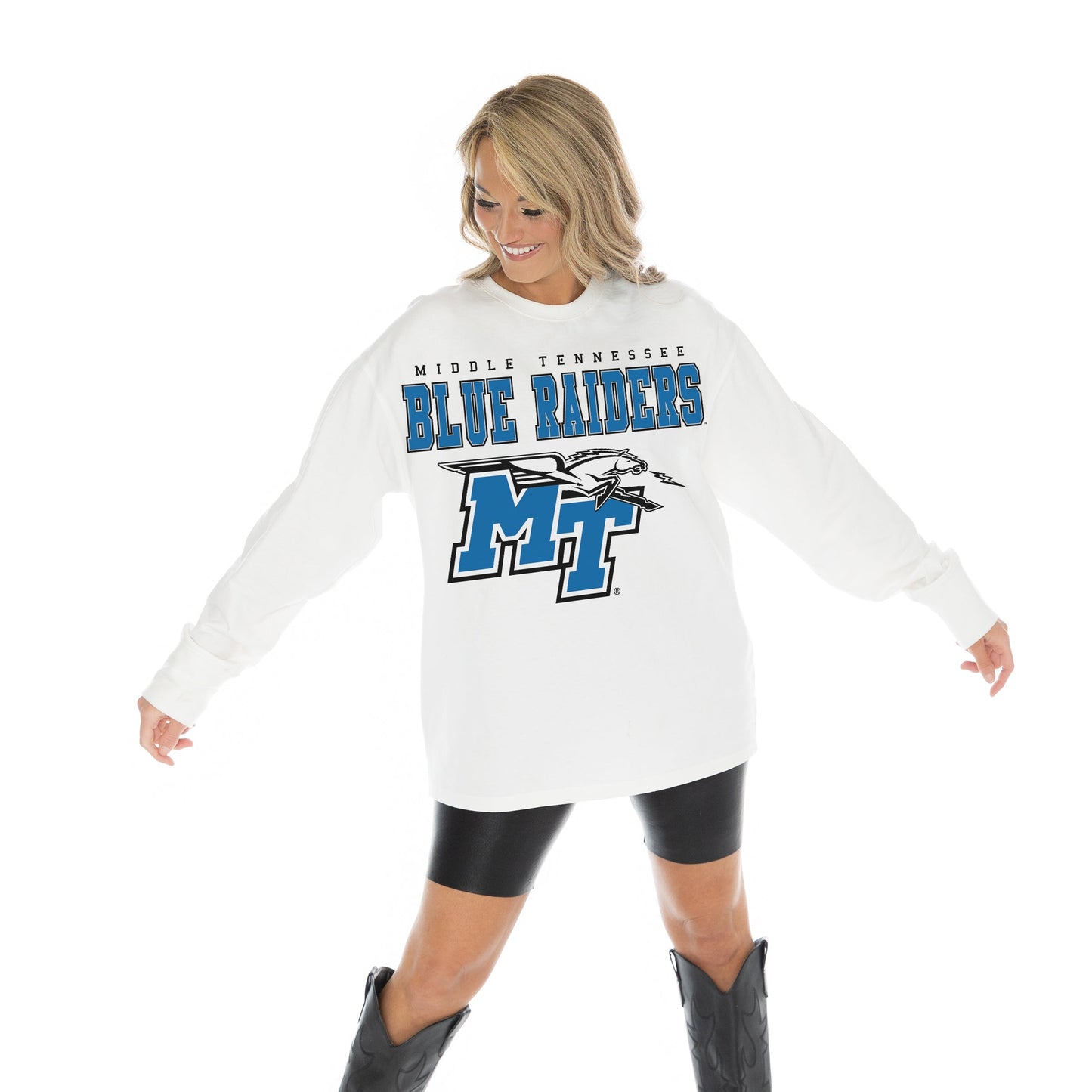 MIDDLE TENNESSEE STATE BLUE RAIDERS BIG GOALS OVERSIZED MIDWEIGHT LONG SLEEVE TEE WITH RIBBED NECKLINE AND CUFFS