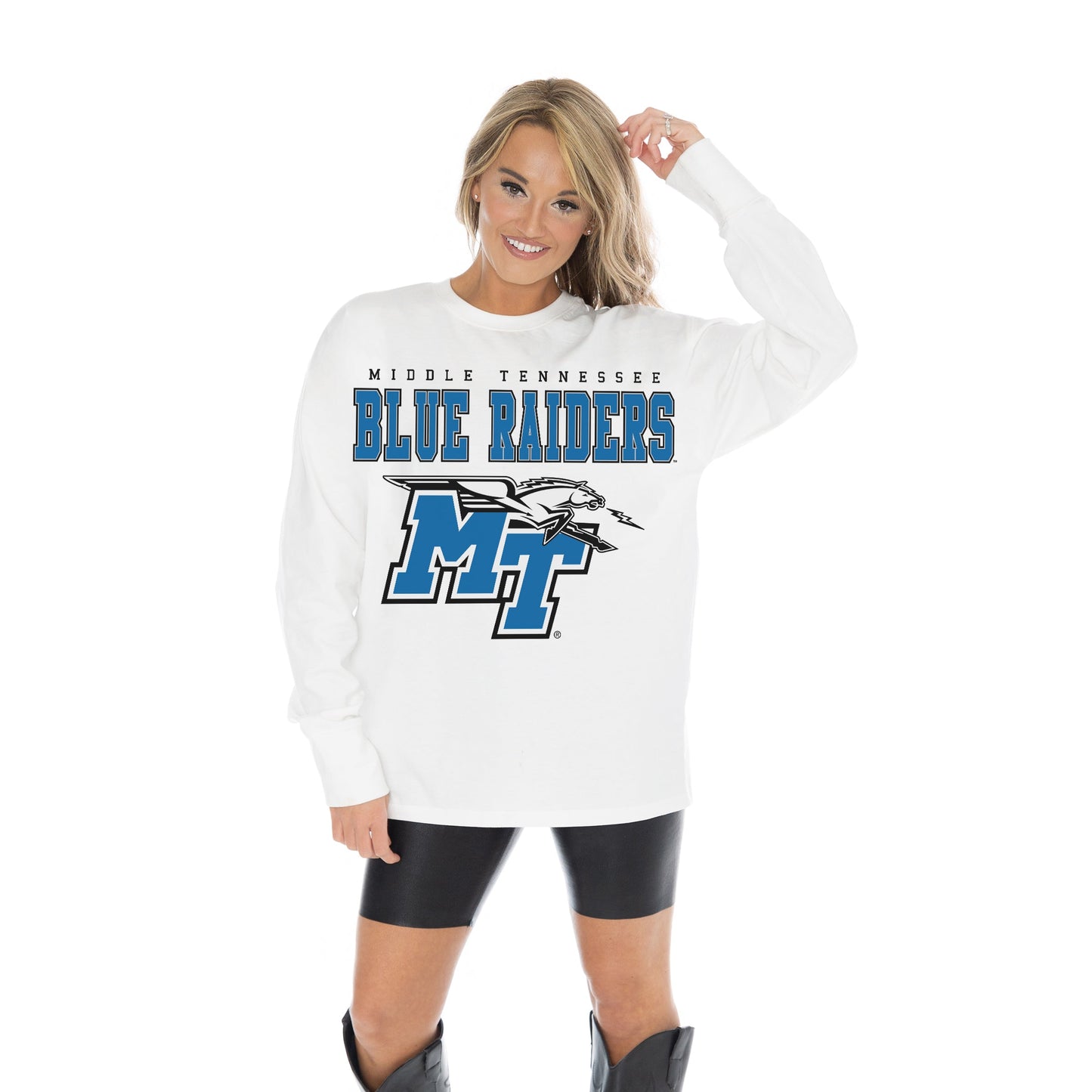 MIDDLE TENNESSEE STATE BLUE RAIDERS BIG GOALS OVERSIZED MIDWEIGHT LONG SLEEVE TEE WITH RIBBED NECKLINE AND CUFFS