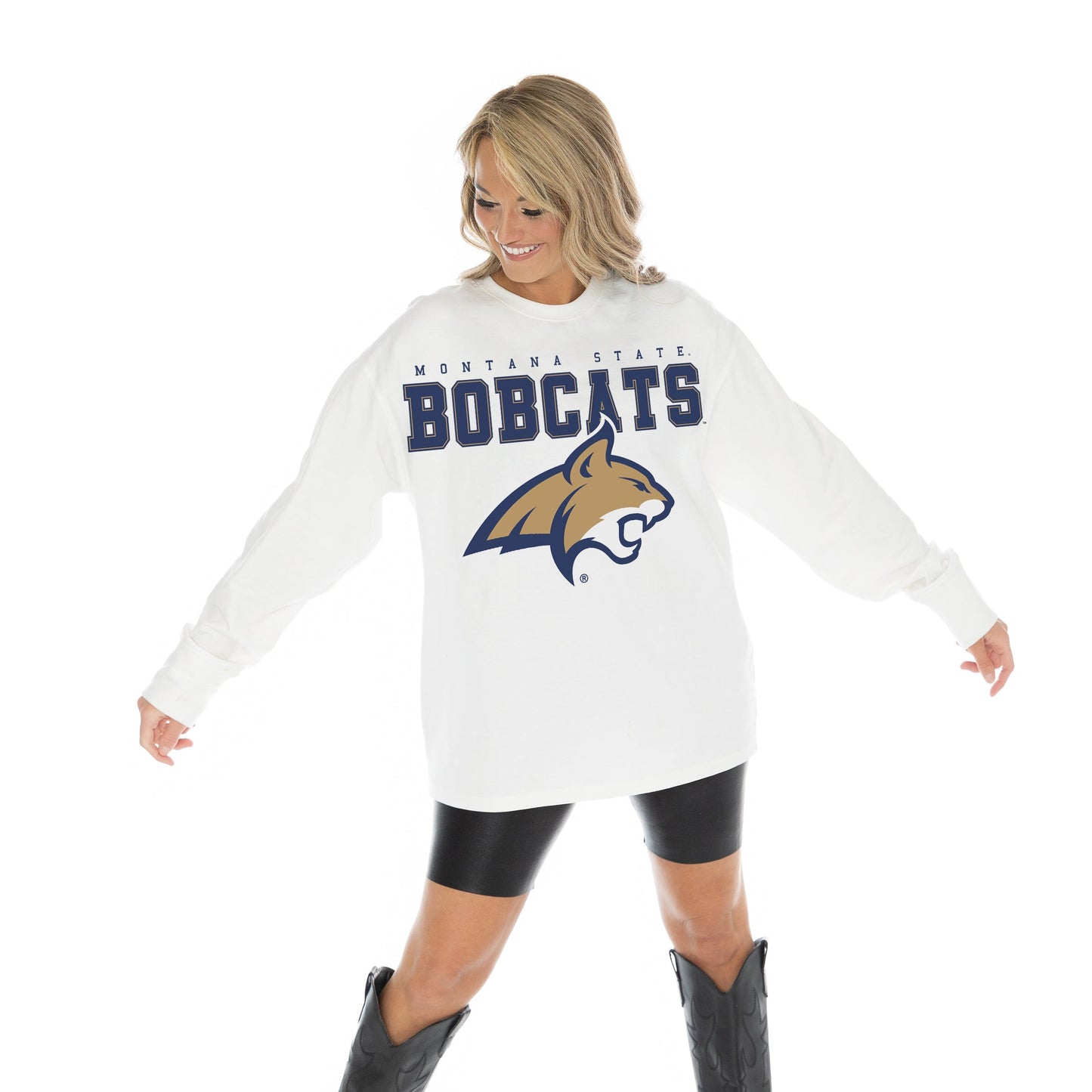 MONTANA STATE BOBCATS BIG GOALS OVERSIZED MIDWEIGHT LONG SLEEVE TEE WITH RIBBED NECKLINE AND CUFFS