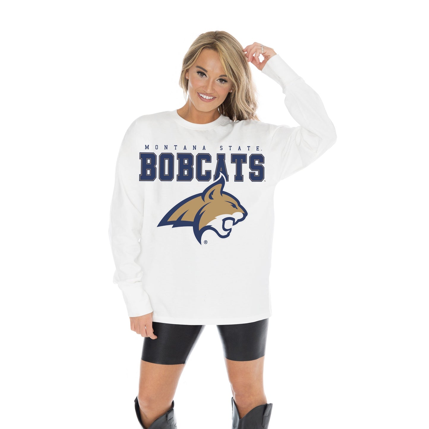 MONTANA STATE BOBCATS BIG GOALS OVERSIZED MIDWEIGHT LONG SLEEVE TEE WITH RIBBED NECKLINE AND CUFFS
