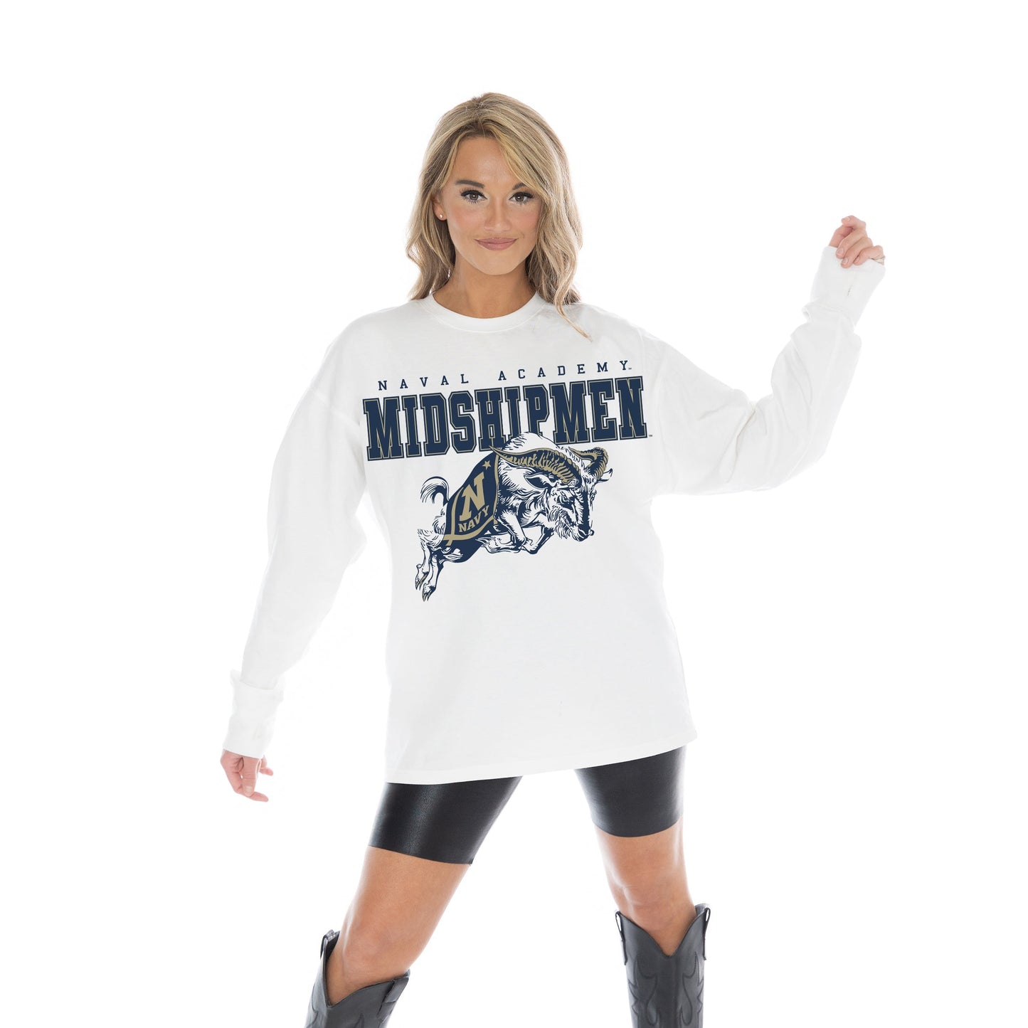 US NAVY MIDSHIPMEN BIG GOALS OVERSIZED MIDWEIGHT LONG SLEEVE TEE WITH RIBBED NECKLINE AND CUFFS