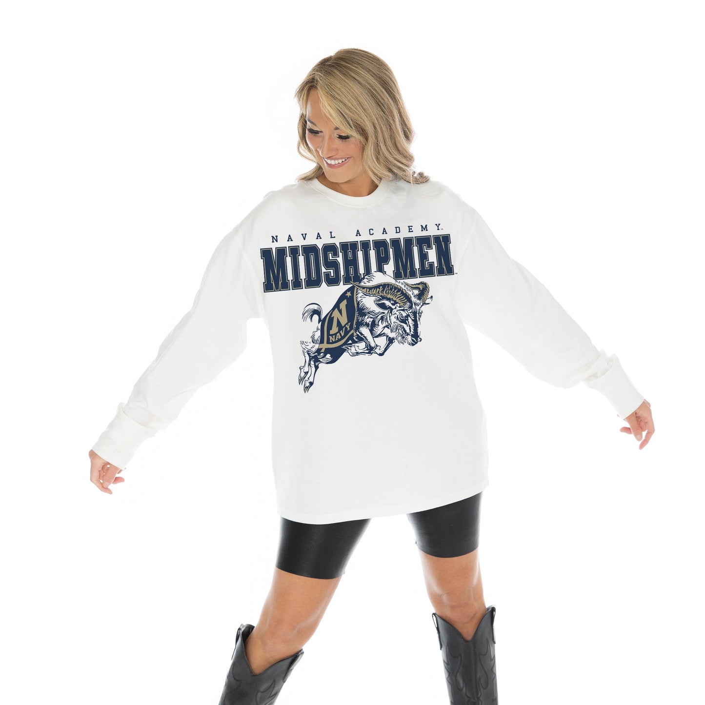 US NAVY MIDSHIPMEN BIG GOALS OVERSIZED MIDWEIGHT LONG SLEEVE TEE WITH RIBBED NECKLINE AND CUFFS
