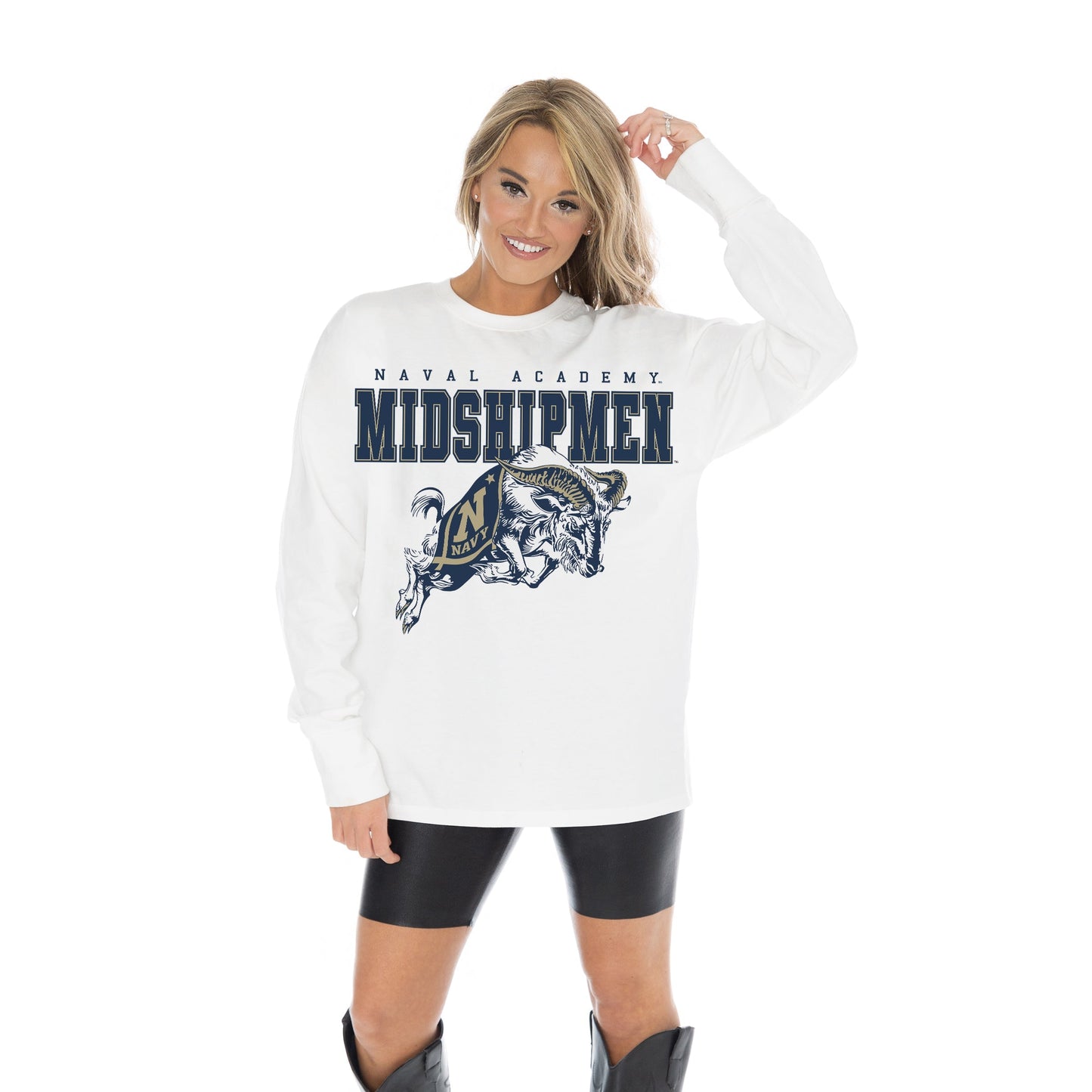 US NAVY MIDSHIPMEN BIG GOALS OVERSIZED MIDWEIGHT LONG SLEEVE TEE WITH RIBBED NECKLINE AND CUFFS