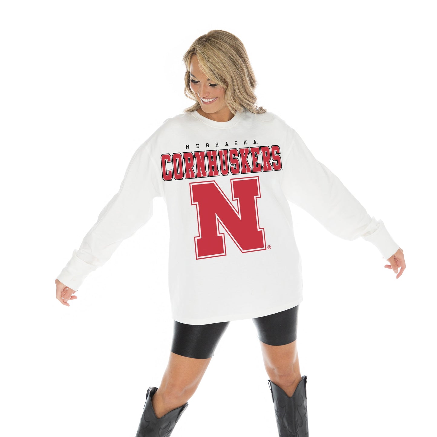 NEBRASKA CORNHUSKERS BIG GOALS OVERSIZED MIDWEIGHT LONG SLEEVE TEE WITH RIBBED NECKLINE AND CUFFS