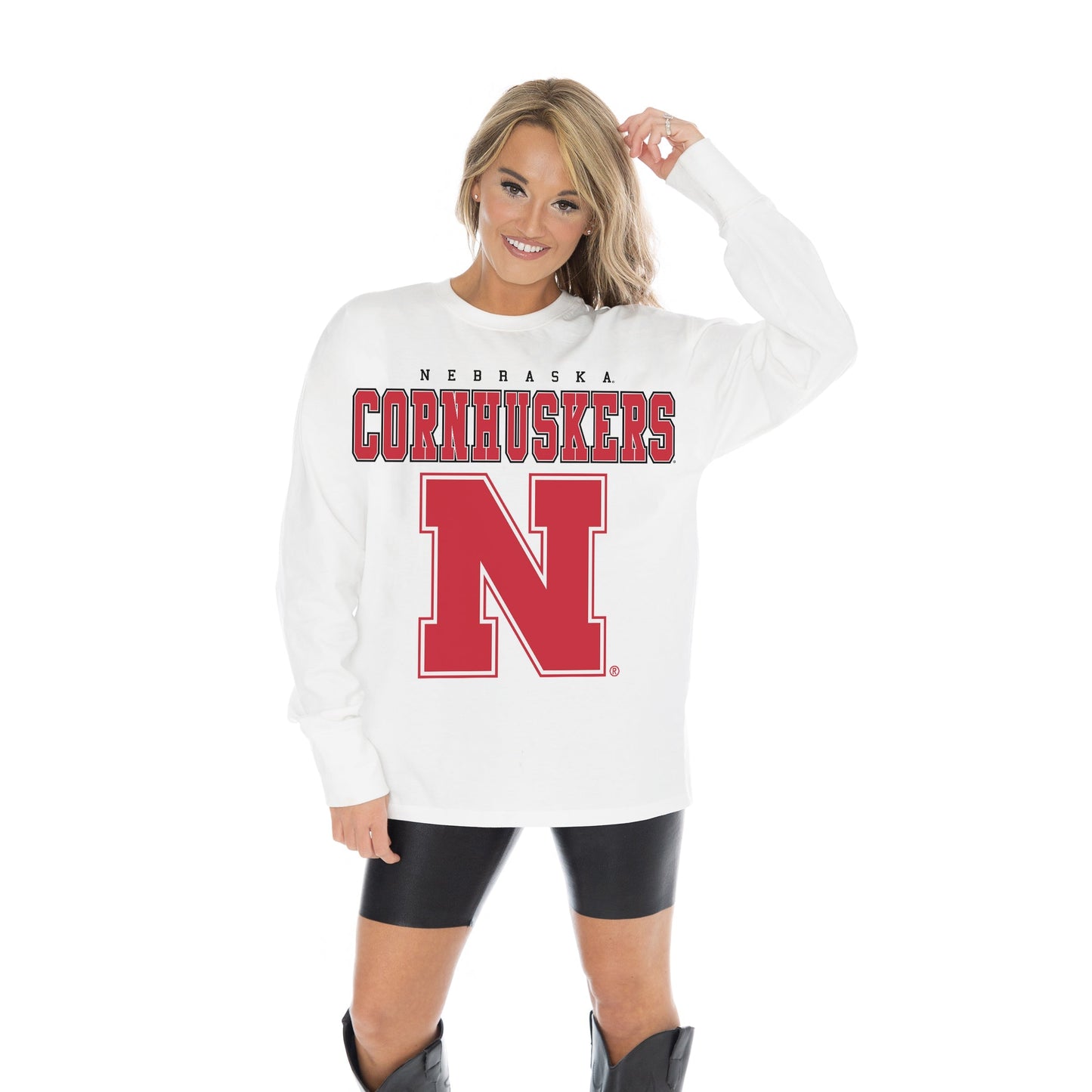 NEBRASKA CORNHUSKERS BIG GOALS OVERSIZED MIDWEIGHT LONG SLEEVE TEE WITH RIBBED NECKLINE AND CUFFS