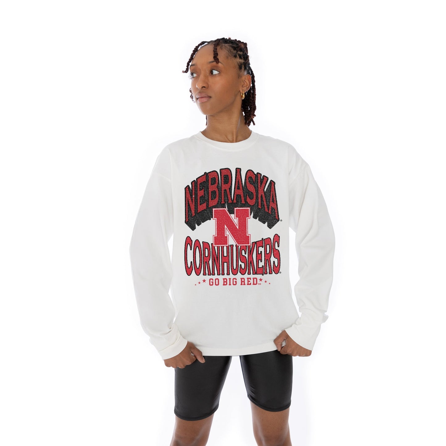 NEBRASKA CORNHUSKERS TIME OUT OVERSIZED MIDWEIGHT LONG SLEEVE TEE WITH RIBBED NECKLINE AND CUFFS
